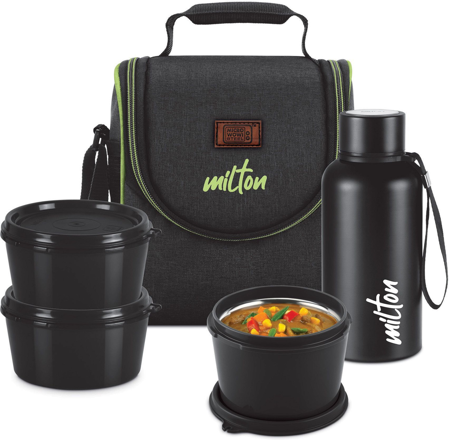 Image of MILTON Thermo Combo Inner Steel Containers (2X320ml & 1X450ml), Bottle 500 ml with Bag 3 Containers Plastic, Stainless Steel Office Lunch Box (500 ml)