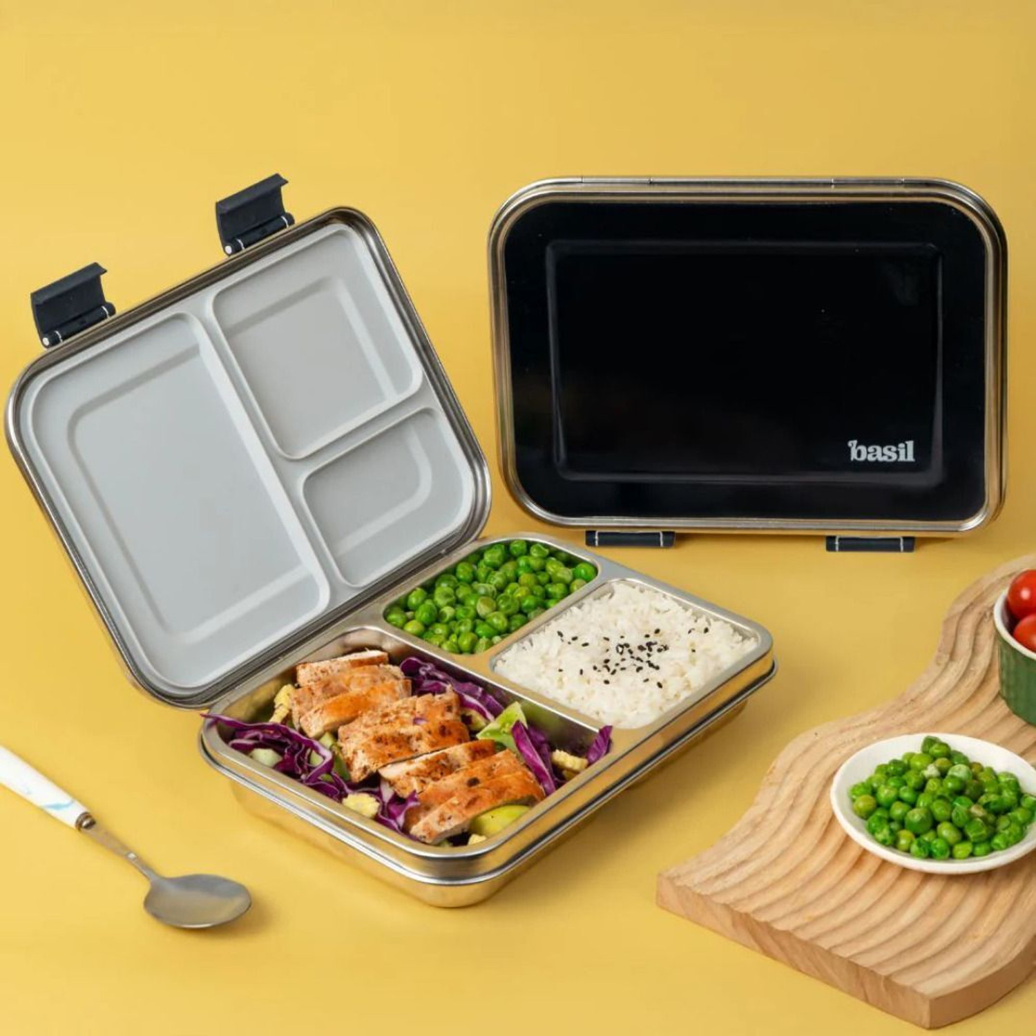 Image of BASIL Bento Box - Lunch Box for Kids| Stainless Steel| Leak Proof| - Blue 3 Containers Stainless Steel Office Lunch Box (900 ml, Microwave Safe)