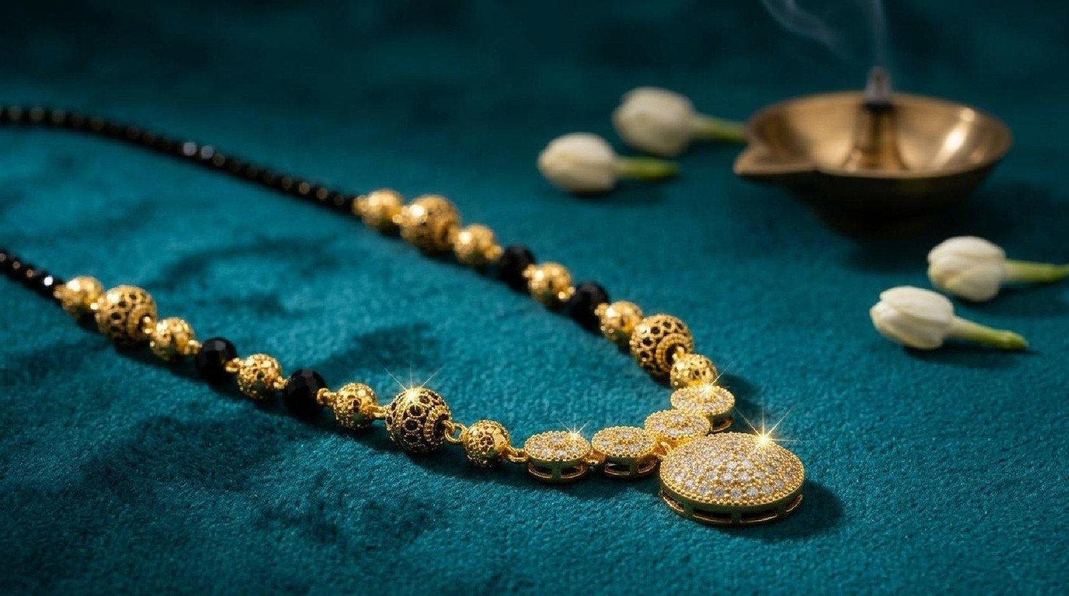 Image of BUYFIRST 1 Gram Jewellery Traditional Long Black Bead with Designer Pendant Alloy Mangalsutra