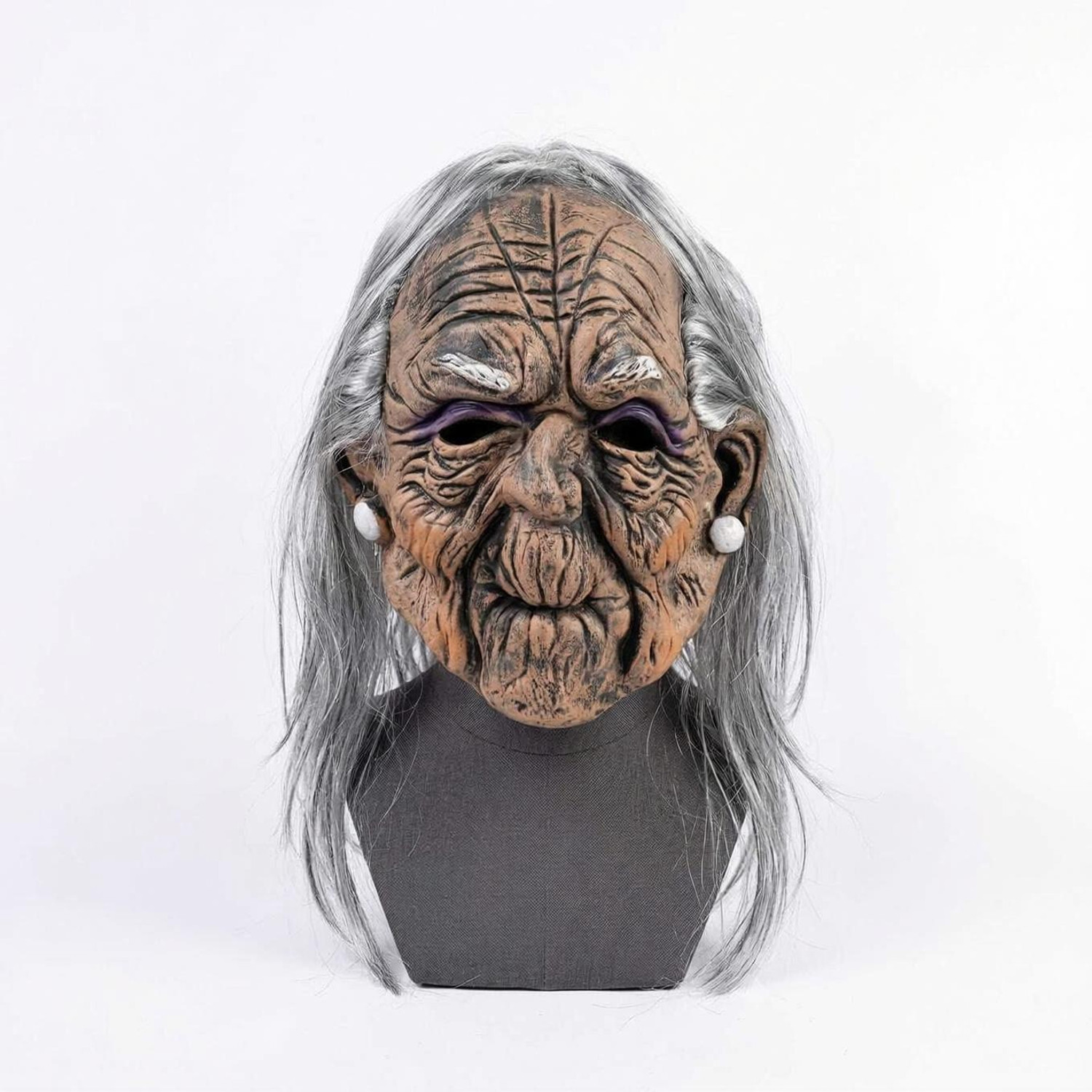 COSTUMEKING Old Woman Halloween Mask with Gray Hair - Image 1