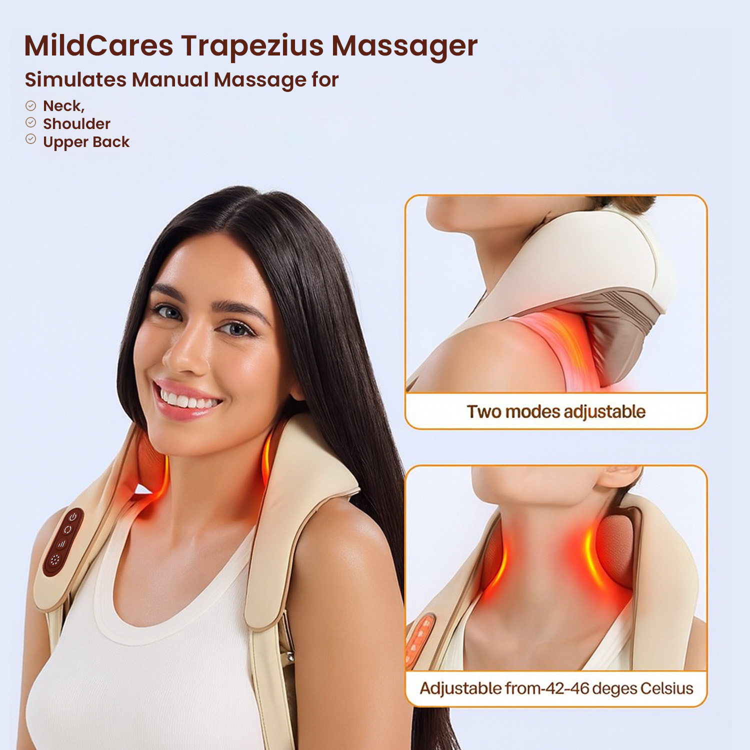 Image of MILDCARES Neck & Shoulder Massager with Heat + Cramp Relief Roll-On (10ml) | Rechargeable Shiatsu Pain Relief Combo for Cervical, Muscle & Period Cramps Stress Relaxation Massager (Beige & Pink)