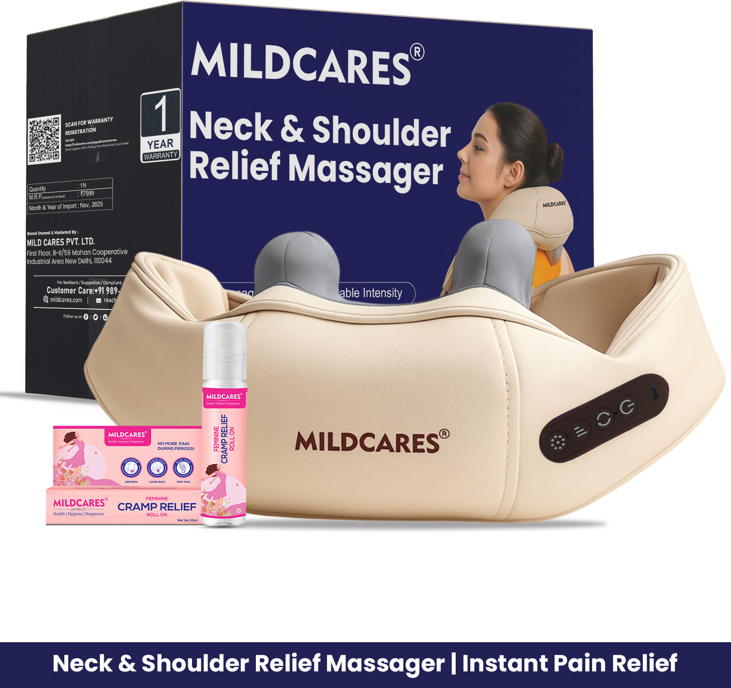 Image of MILDCARES Neck & Shoulder Massager with Heat + Cramp Relief Roll-On (10ml) | Rechargeable Shiatsu Pain Relief Combo for Cervical, Muscle & Period Cramps Stress Relaxation Massager (Beige & Pink)