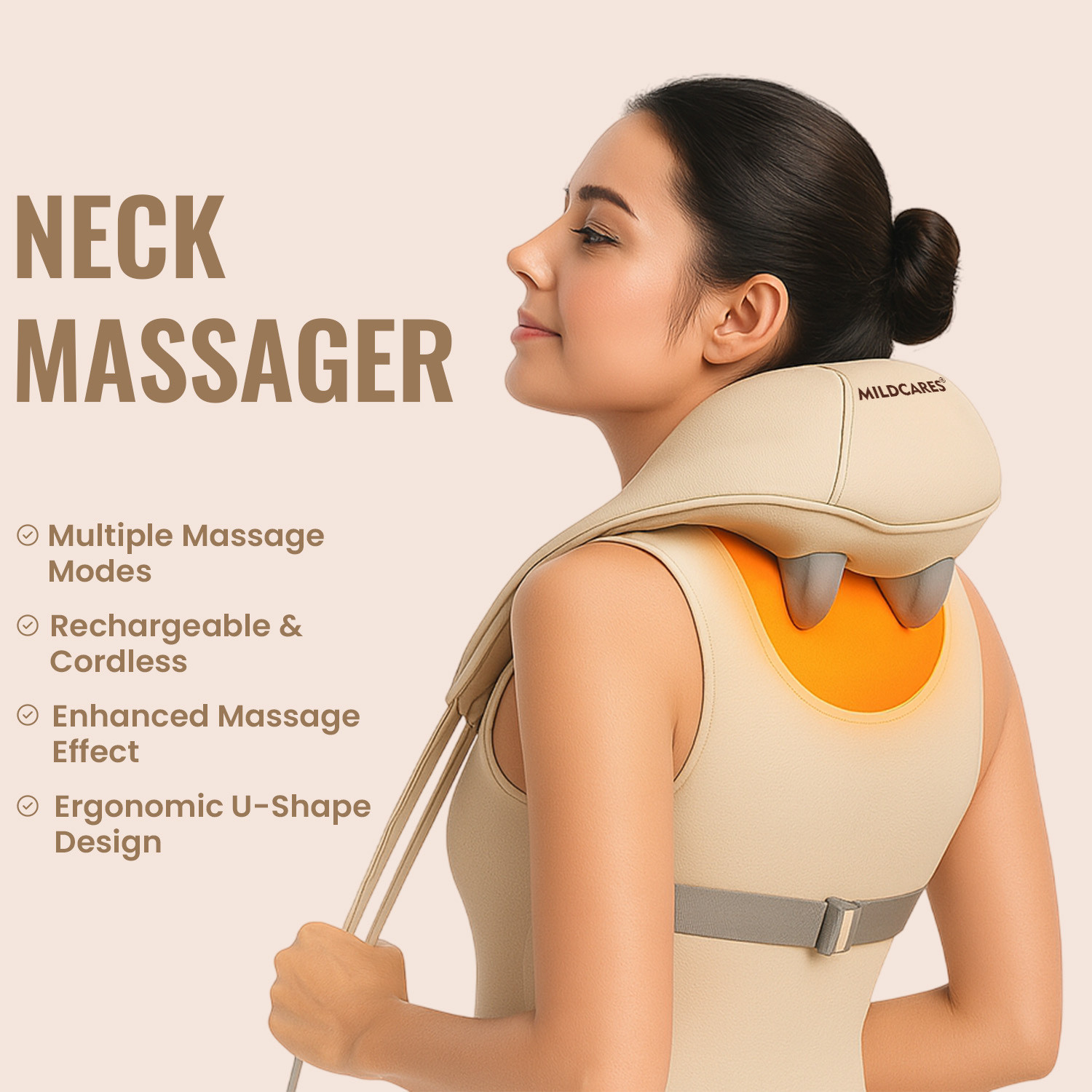 Image of MILDCARES Neck & Shoulder Massager with Heat + Cramp Relief Roll-On (10ml) | Rechargeable Shiatsu Pain Relief Combo for Cervical, Muscle & Period Cramps Stress Relaxation Massager (Beige & Pink)