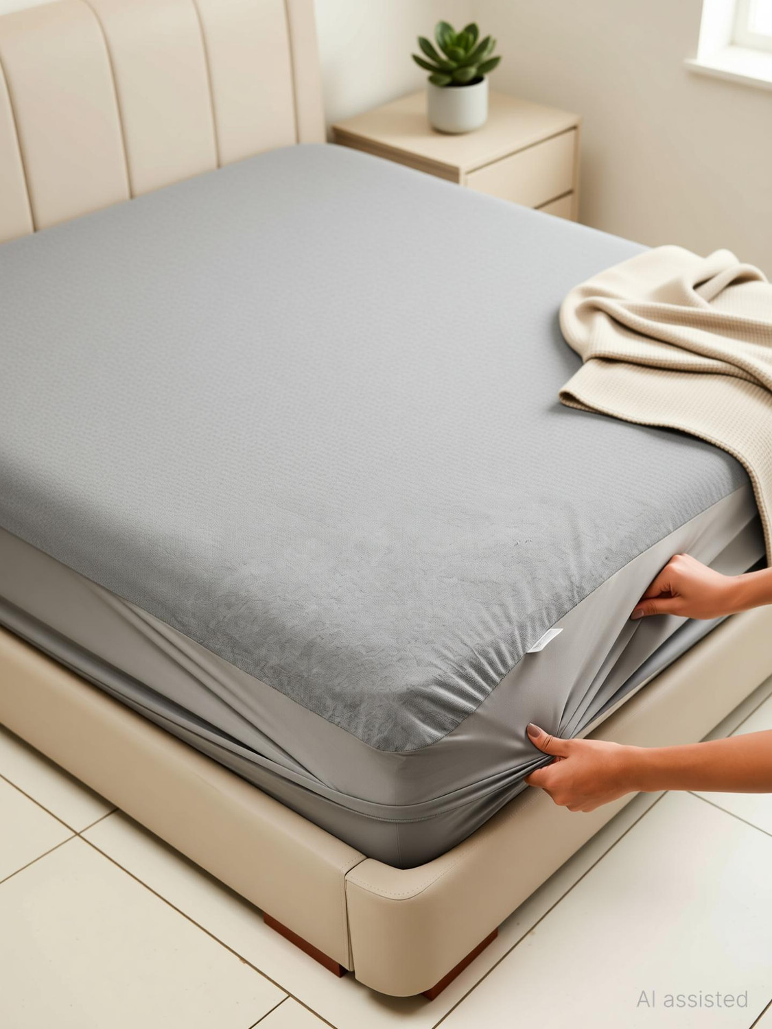 Image of AYKA Double Size Fitted Organic Cotton Waterproof, Breathable, Stretchable Mattress Cover (183 cm x 183 cm, Grey)