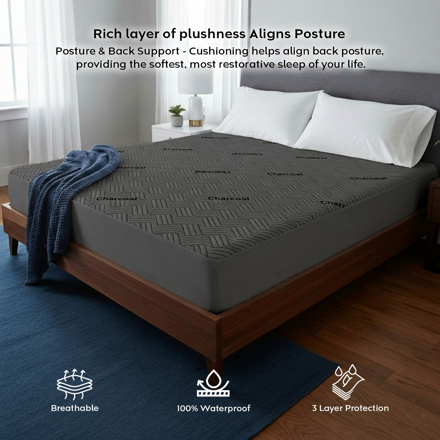 Image of AYKA Double Size Fitted Organic Cotton Waterproof, Breathable, Stretchable Mattress Cover (183 cm x 183 cm, Grey)