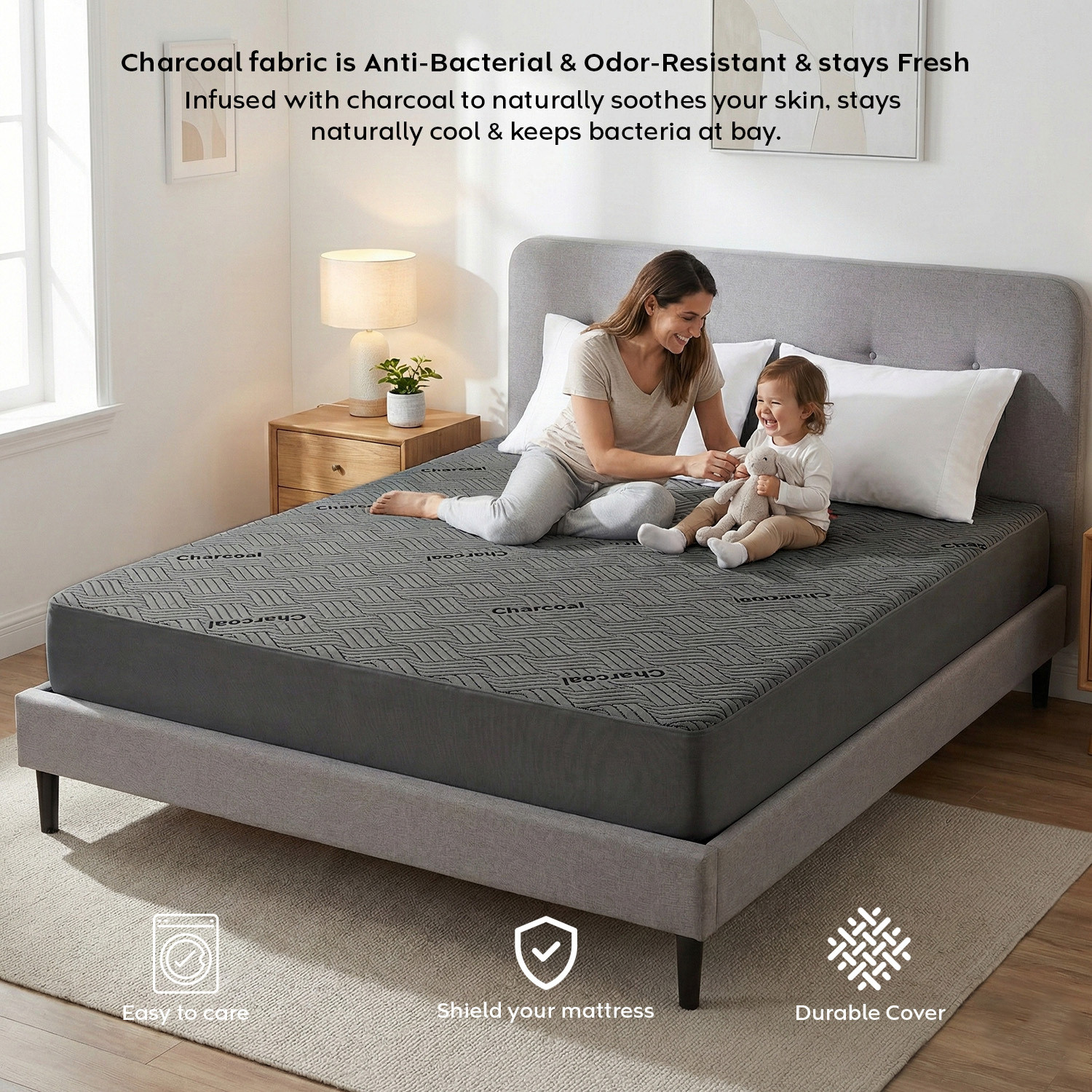 Image of AYKA Double Size Fitted Organic Cotton Waterproof, Breathable, Stretchable Mattress Cover (183 cm x 183 cm, Grey)