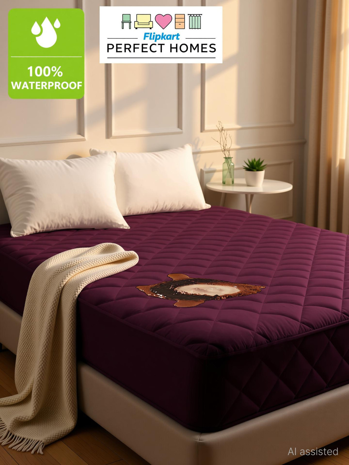 Image of CRAZY WORLD Double, Queen Size Fitted Nylon, Polyster Breathable, Stretchable, Waterproof Mattress Cover (182.88 cm x 152.4 cm, Maroon)