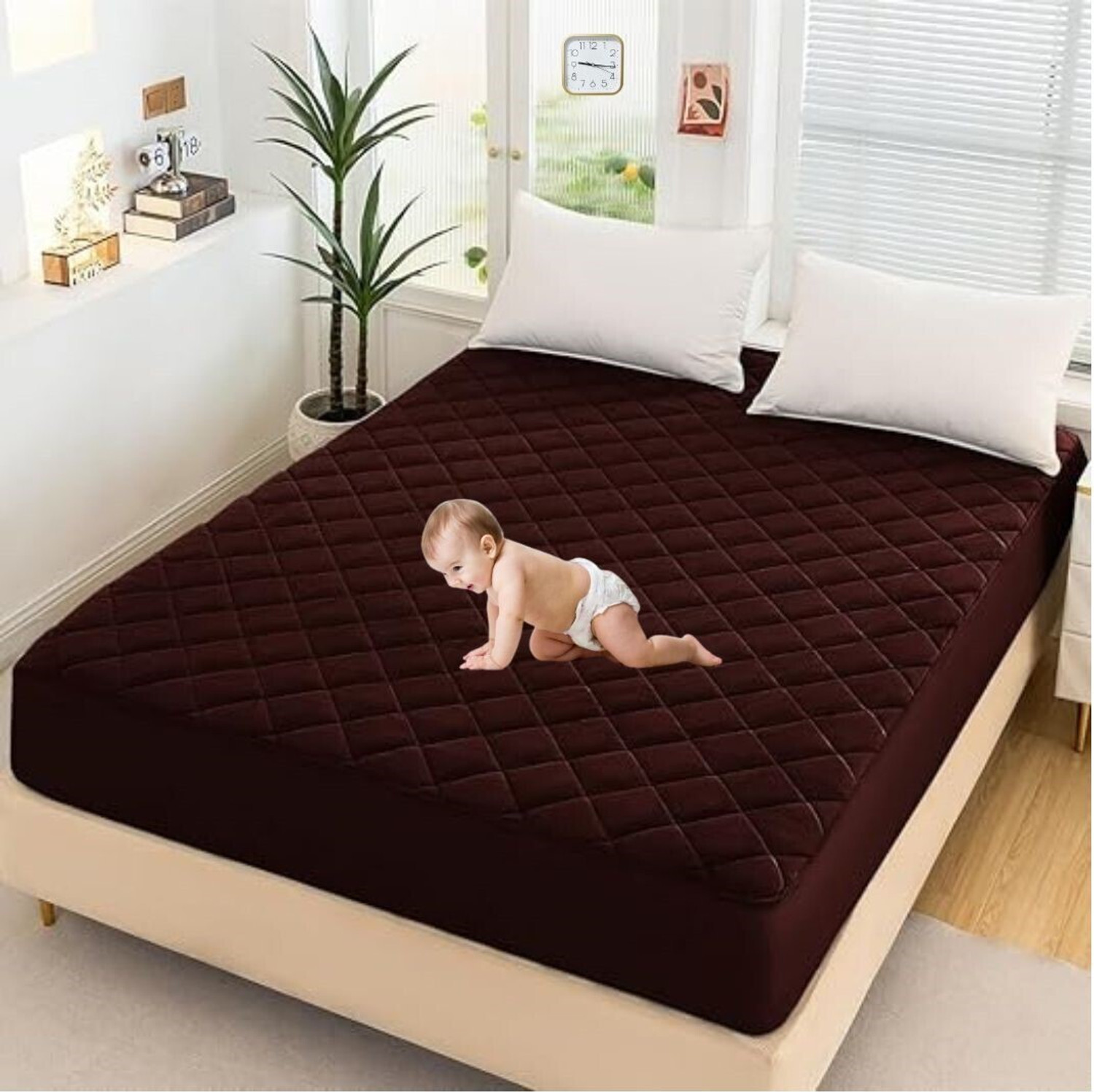 Image of CRAZY WORLD Double, Queen Size Fitted Nylon, Polyster Breathable, Stretchable, Waterproof Mattress Cover (182.88 cm x 152.4 cm, Maroon)