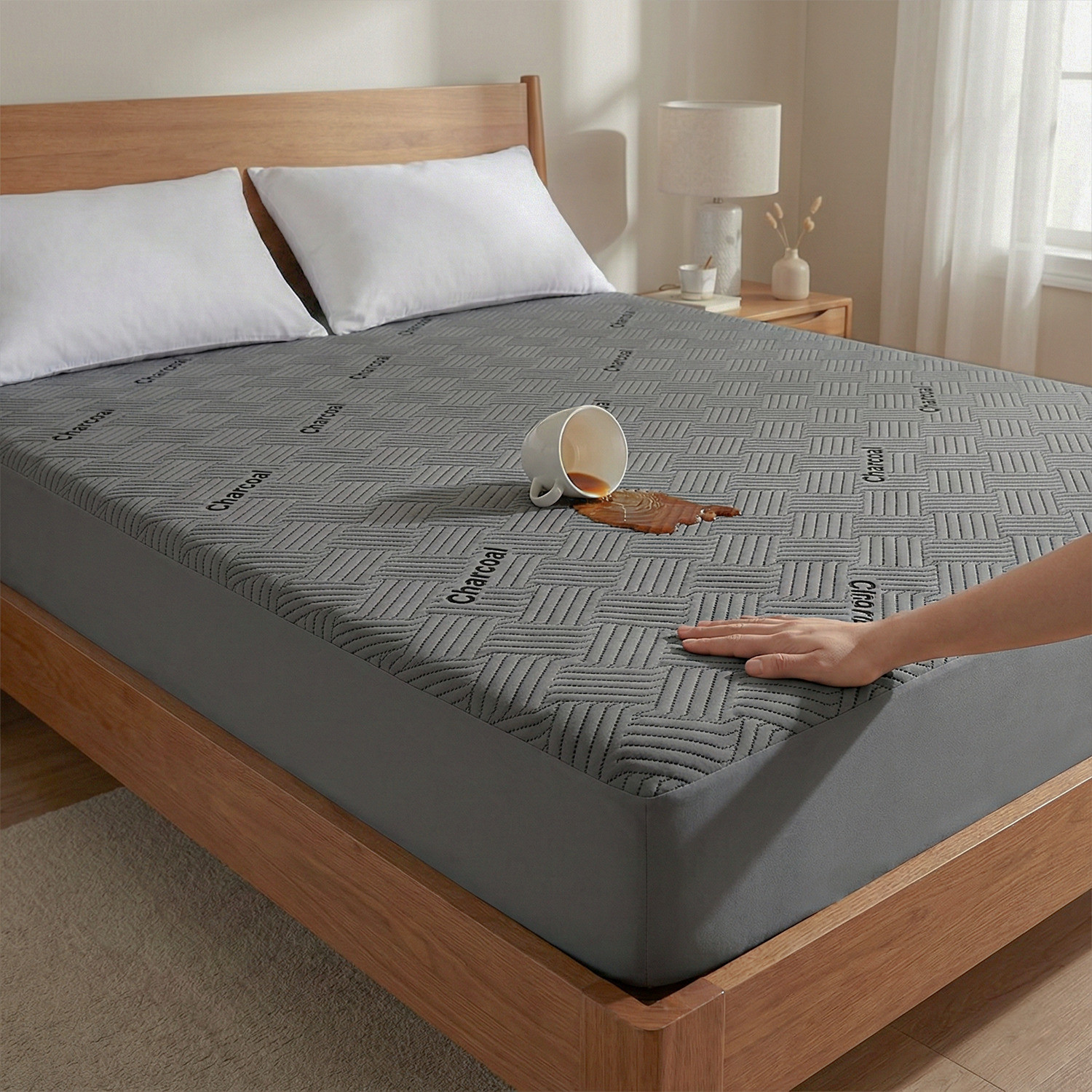Image of AYKA Double Size Fitted Organic Cotton Waterproof, Breathable, Stretchable Mattress Cover (183 cm x 183 cm, Grey)