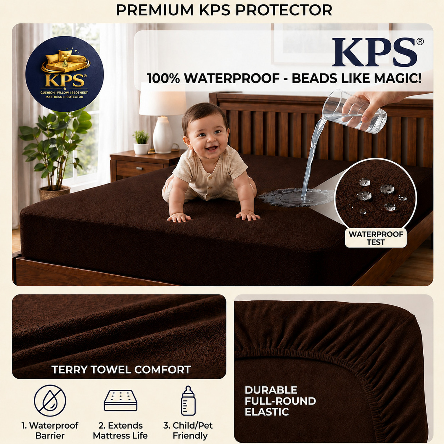 Image of KPS King Size Elastic Strap Polyster Breathable, Stretchable, Waterproof Mattress Cover (198.12 cm x 183 cm, Blue)
