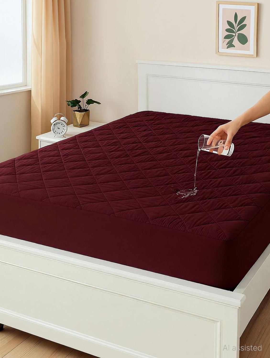 Image of CRAZY WORLD Double, Queen Size Fitted Nylon, Polyster Breathable, Stretchable, Waterproof Mattress Cover (182.88 cm x 152.4 cm, Maroon)