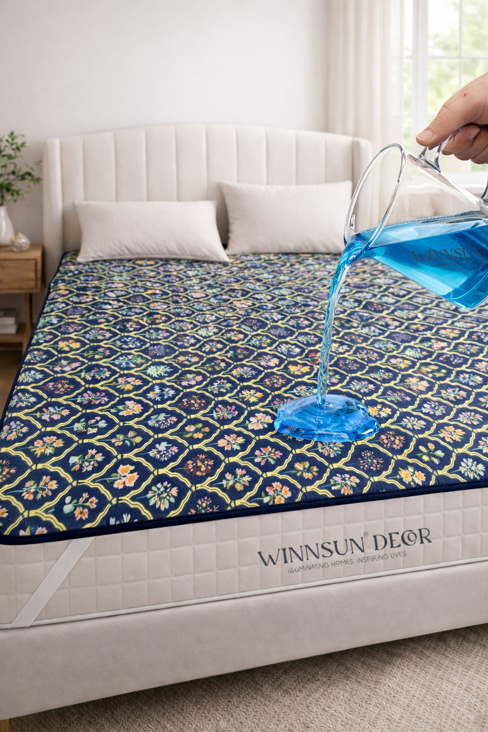 Image of KPS King Size Elastic Strap Polyster Breathable, Stretchable, Waterproof Mattress Cover (198.12 cm x 183 cm, Blue)