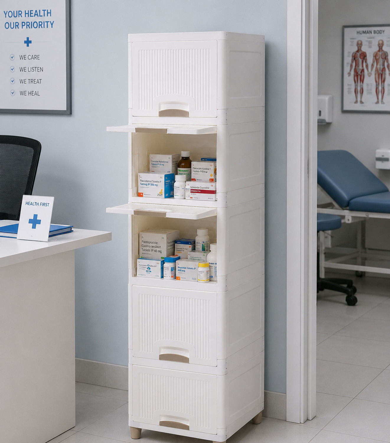 Image of GLOXY 3 pcs Layer Modular Plastic Storage Drawer Cabinet with Wooden Finish Handles Dual Mount Medicine Cabinet (Square)
