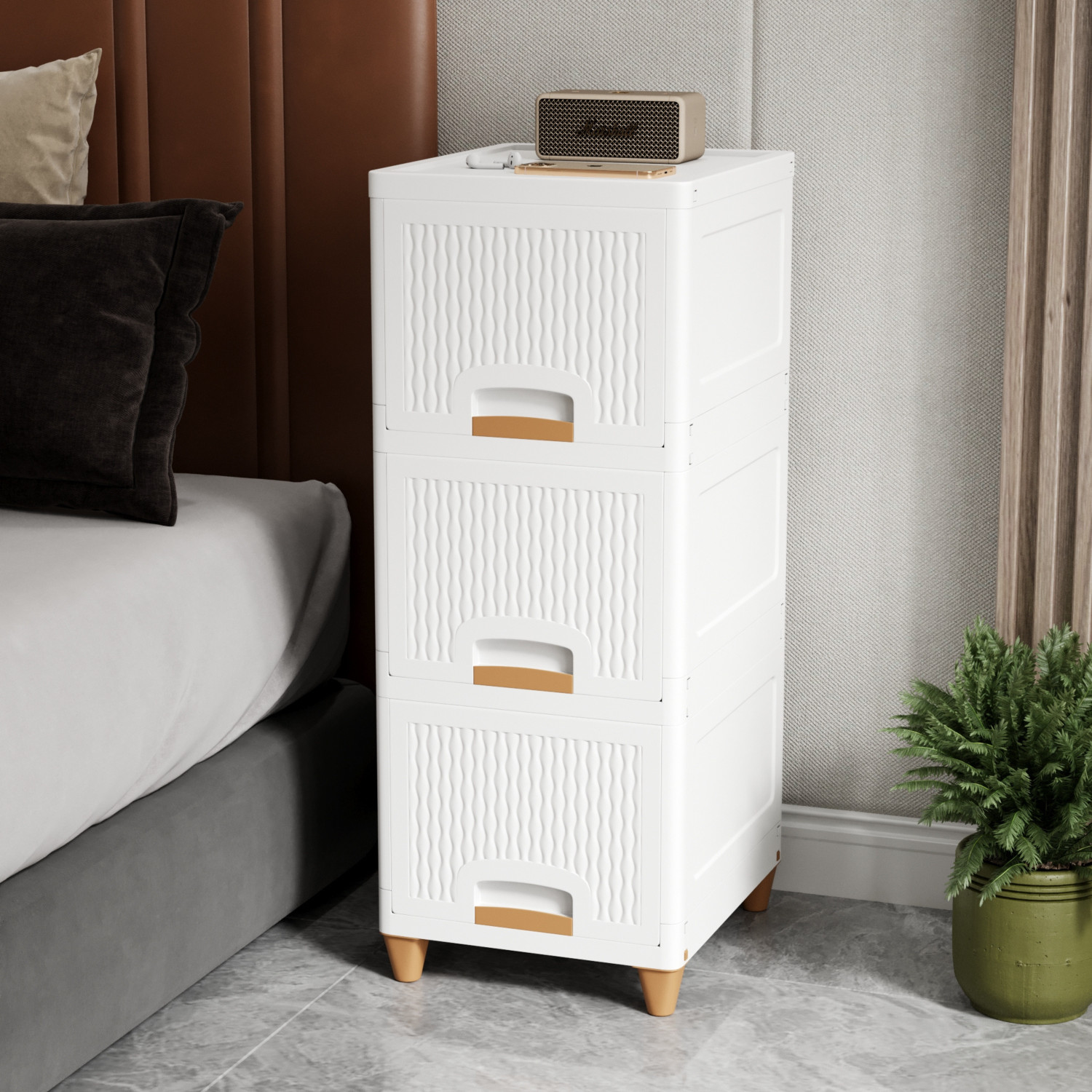 Image of GLOXY 3 pcs Layer Modular Plastic Storage Drawer Cabinet with Wooden Finish Handles Dual Mount Medicine Cabinet (Square)
