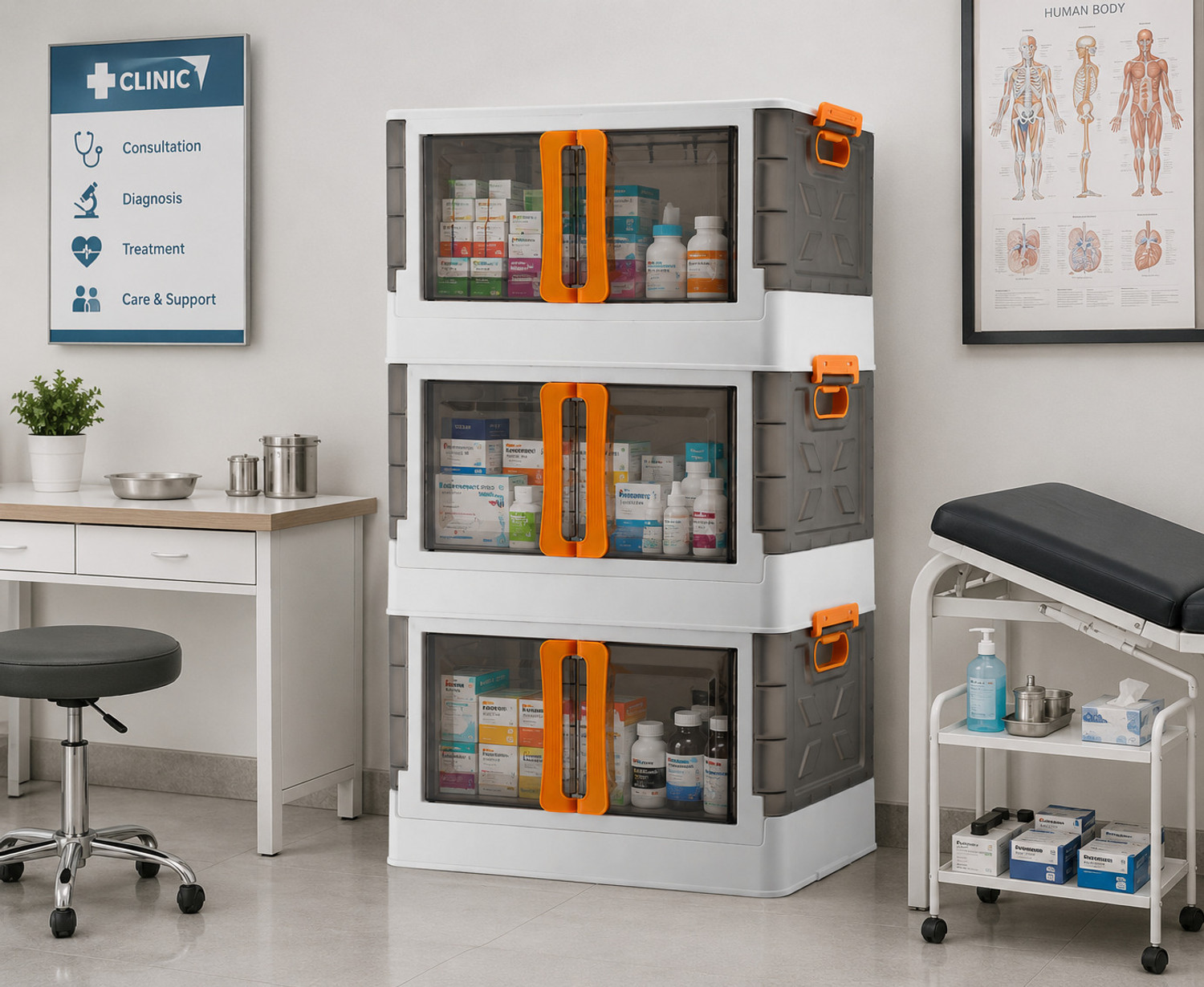 Image of GLOXY 3 pcs Layer Modular Plastic Storage Drawer Cabinet with Wooden Finish Handles Dual Mount Medicine Cabinet (Square)