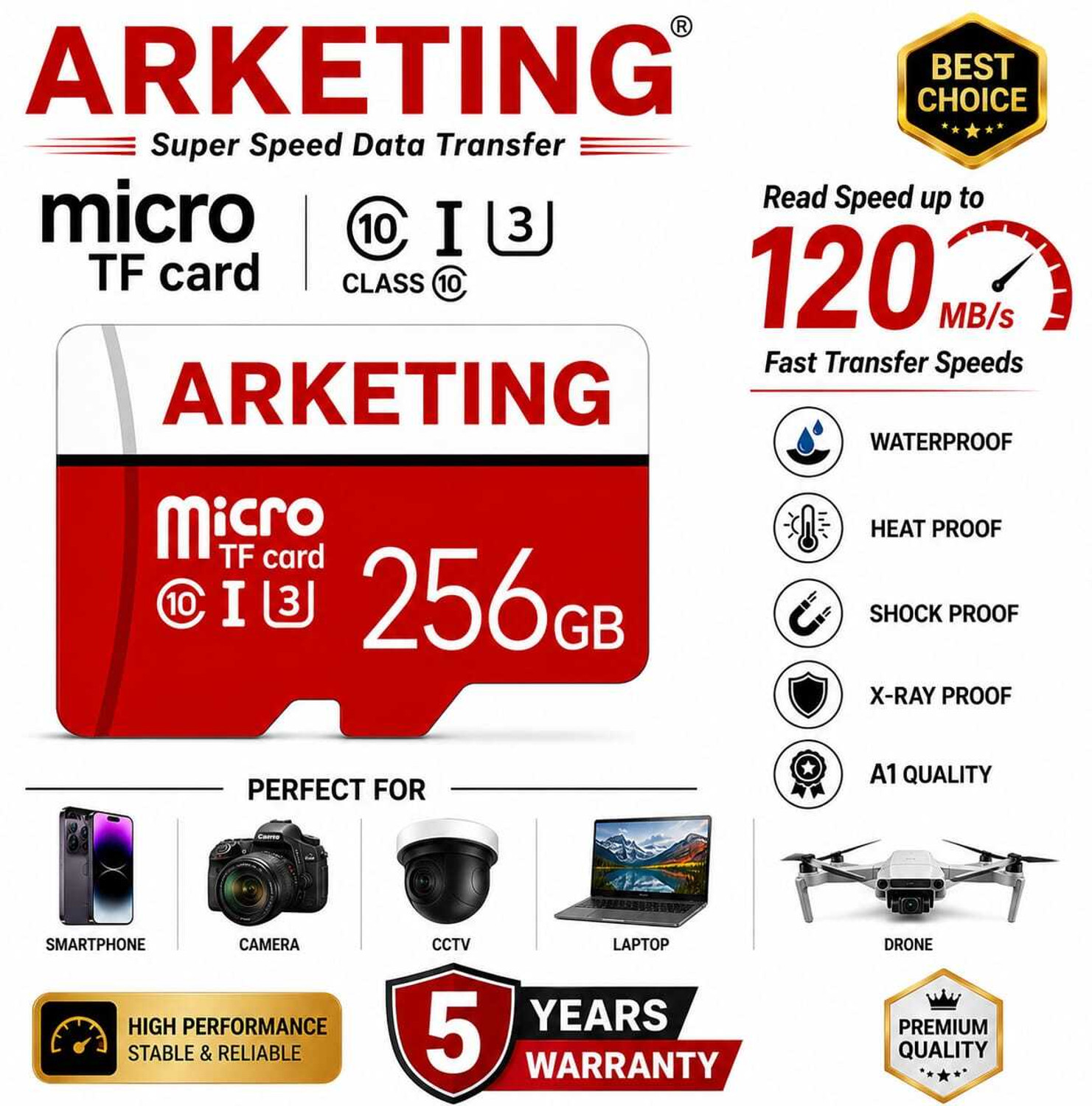 Image of ARKETING ARK-D3N8-L6R4 ARK-7X4M-K9Q2 256 GB MicroSD Card Class 10 120 MB /s Memory Card Compatible with Camera, Computer, Gaming Console, Mobile, Tablet