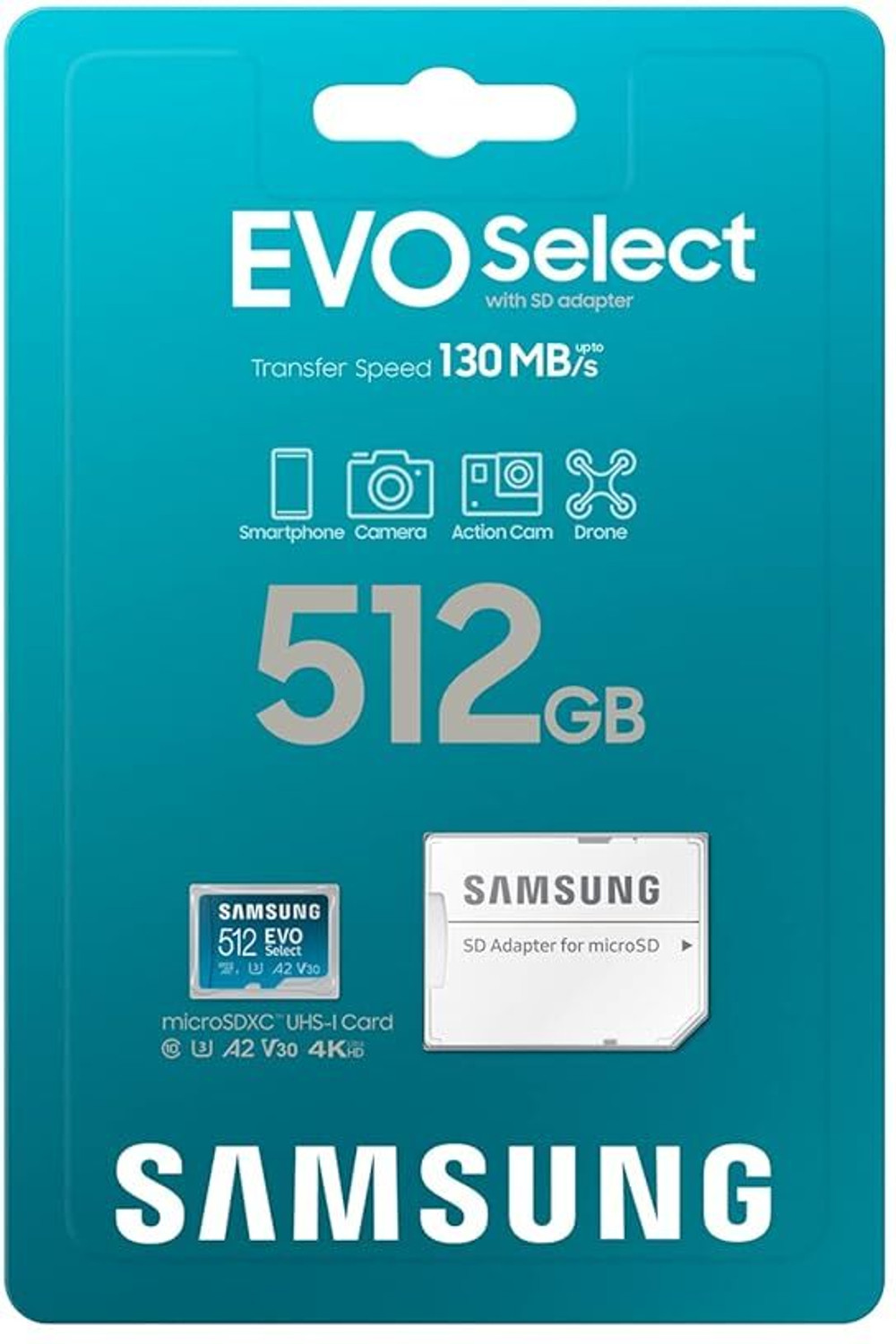 Image of SAMSUNG EVO Select + Adapter 512GB microSDXC 130MB /s Full HD & 4K UHD, UHS-I, U3, A2, V30 (MB-ME512KA /AM) EVO Plus 512 GB MicroSDXC Class 10 120 MB /s Memory Card Compatible with Camera, Computer, Gaming Console, Mobile, Tablet (With Adapter)