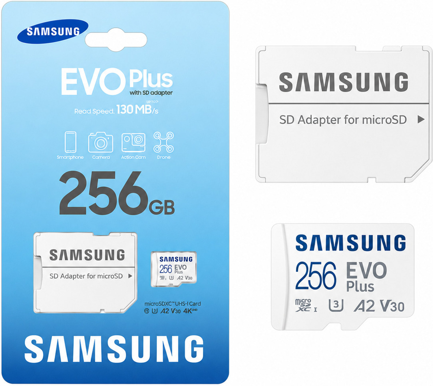 Image of SAMSUNG MB-MC256MB /PS,MD-MC256KA /IN EVO PLUS 256 GB MicroSDXC Class 10 130 MB /s Memory Card Compatible with Camera, Computer, Gaming Console, Mobile, Tablet EVO 256 GB MicroSDXC Class 10 130 MB /s Memory Card Compatible with Camera, Computer, Gaming Console, Mobile, Tablet (With Adapter)