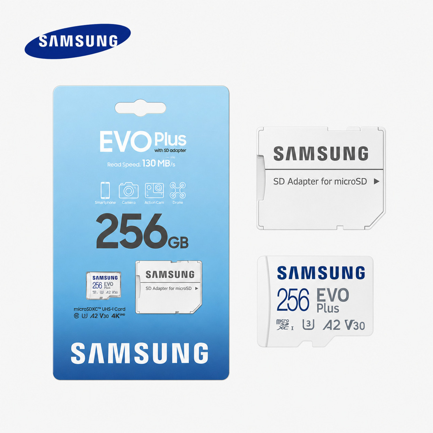 Image of SAMSUNG MB-MC256MB /PS,MD-MC256KA /IN EVO PLUS 256 GB MicroSDXC Class 10 130 MB /s Memory Card Compatible with Camera, Computer, Gaming Console, Mobile, Tablet EVO 256 GB MicroSDXC Class 10 130 MB /s Memory Card Compatible with Camera, Computer, Gaming Console, Mobile, Tablet (With Adapter)