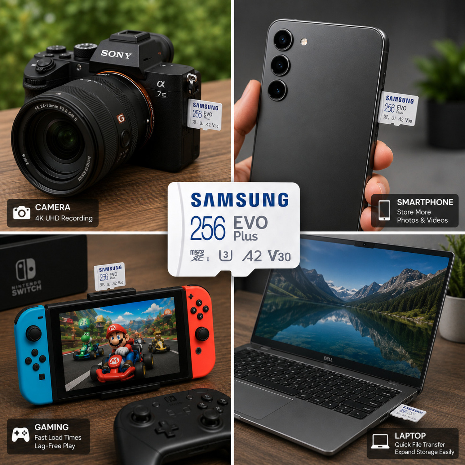 Image of SAMSUNG EVO Plus 256 GB MicroSDXC Class 10 130 MB /s,, EVO PLUS 256 GB MicroSDXC UHS Class 3 130 MB /s Memory Card Compatible with Camera, Mobile, Gaming Console, Computer
