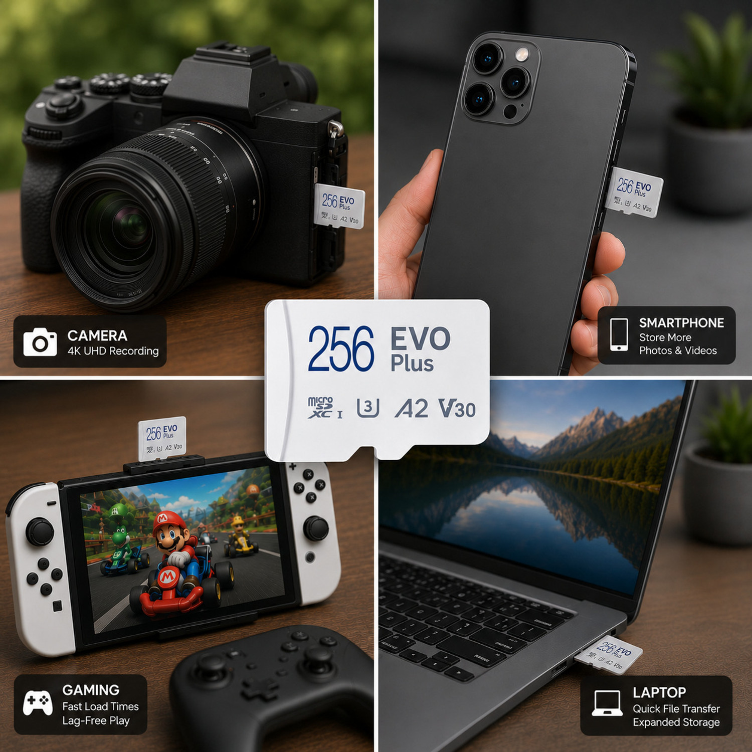 Image of SAMSUNG EVO Plus EVO PLUS 256 GB MicroSDXC UHS Class 3 130 MB /s Memory Card Compatible with Camera, Mobile, Gaming Console, Computer
