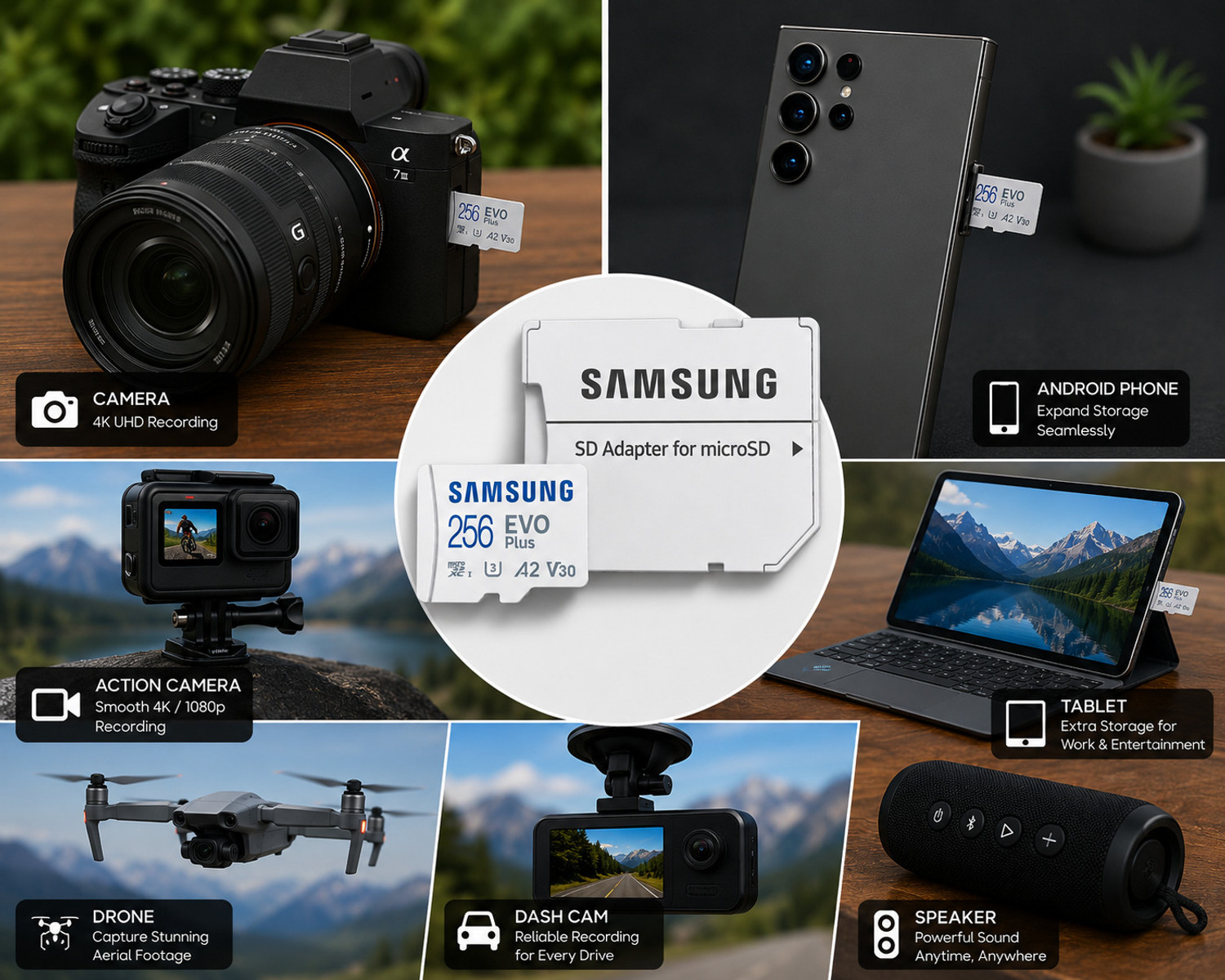 Image of SAMSUNG EVO Plus 256 GB,, MicroSDXC,, EVO PLUS 256 GB MicroSDXC Class 10 130 MB /s Memory Card Compatible with Camera, Computer, Gaming Console, Mobile, Tablet
