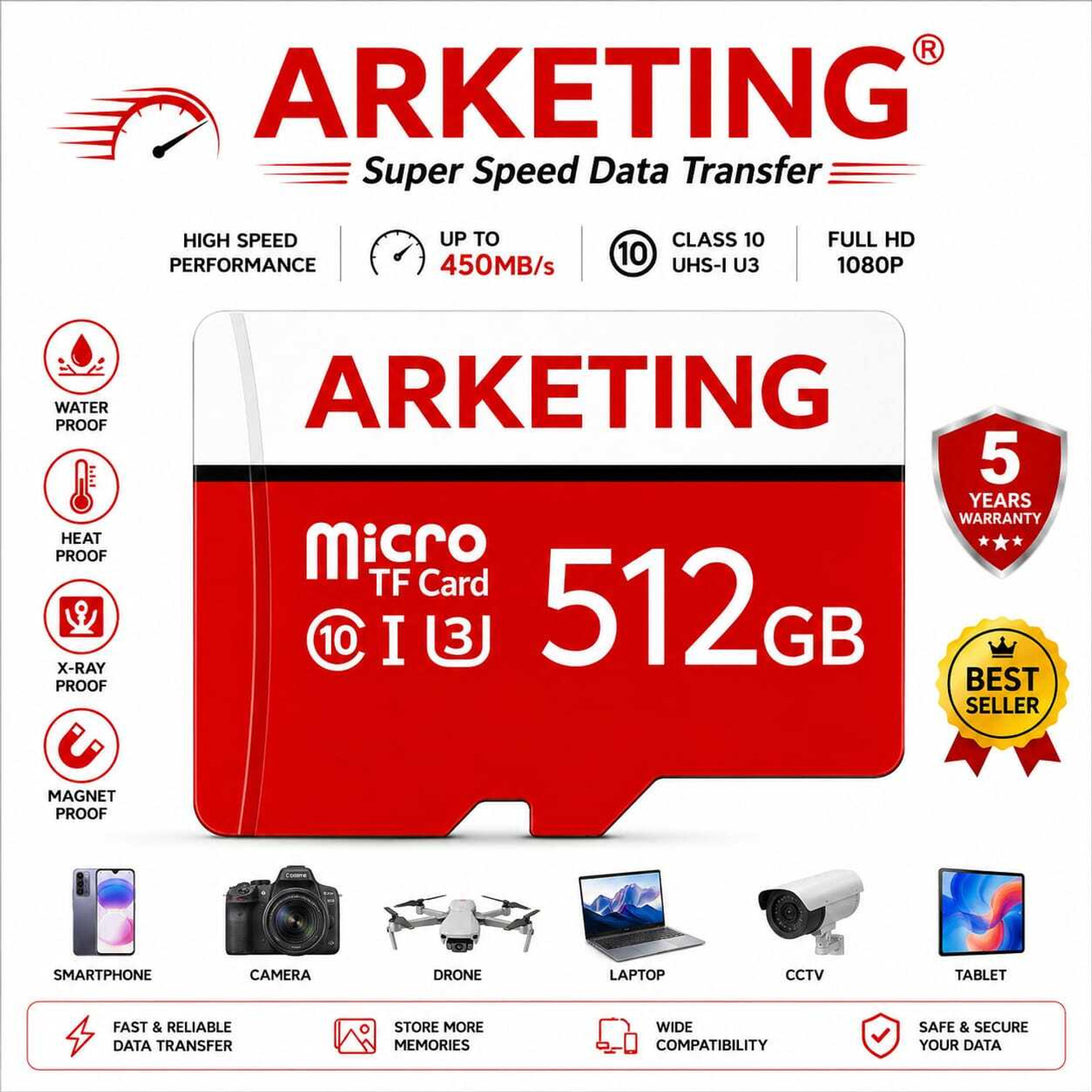 Image of ARKETING Q3 /A1 U3 512 GB TF Card Class 10 120 MB /s Memory Card Compatible with Camera, Computer, Gaming Console, Mobile, Tablet