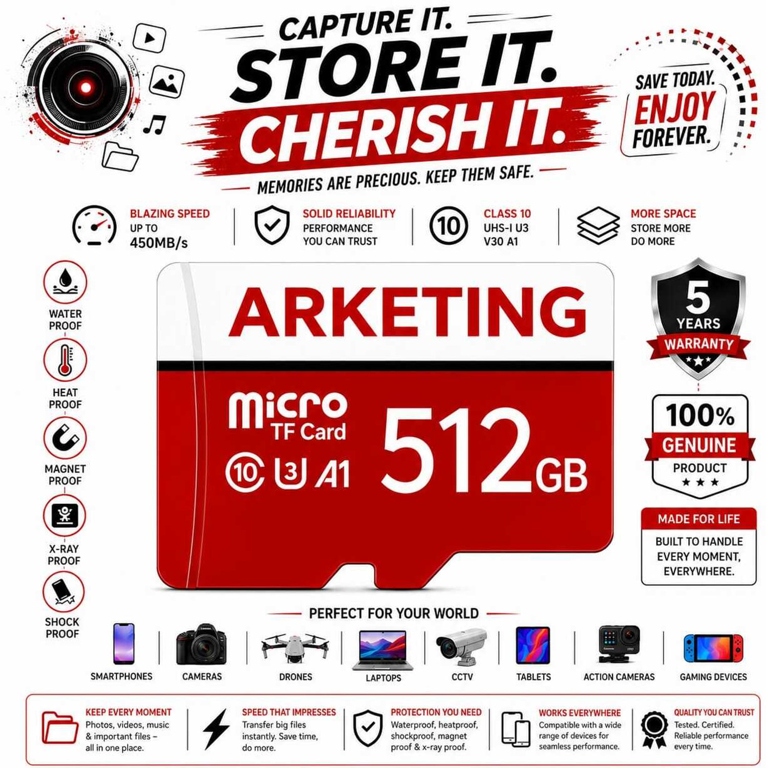 Image of ARKETING ARK-D3N8-L6R4 ARK-7X4M-K9Q2 256 GB MicroSD Card Class 10 120 MB /s Memory Card Compatible with Camera, Computer, Gaming Console, Mobile, Tablet
