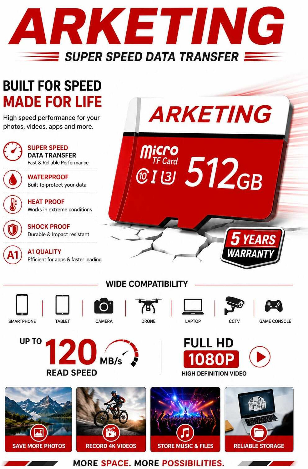 Image of ARKETING Q3 /A1 U3 512 GB TF Card Class 10 120 MB /s Memory Card Compatible with Camera, Computer, Gaming Console, Mobile, Tablet
