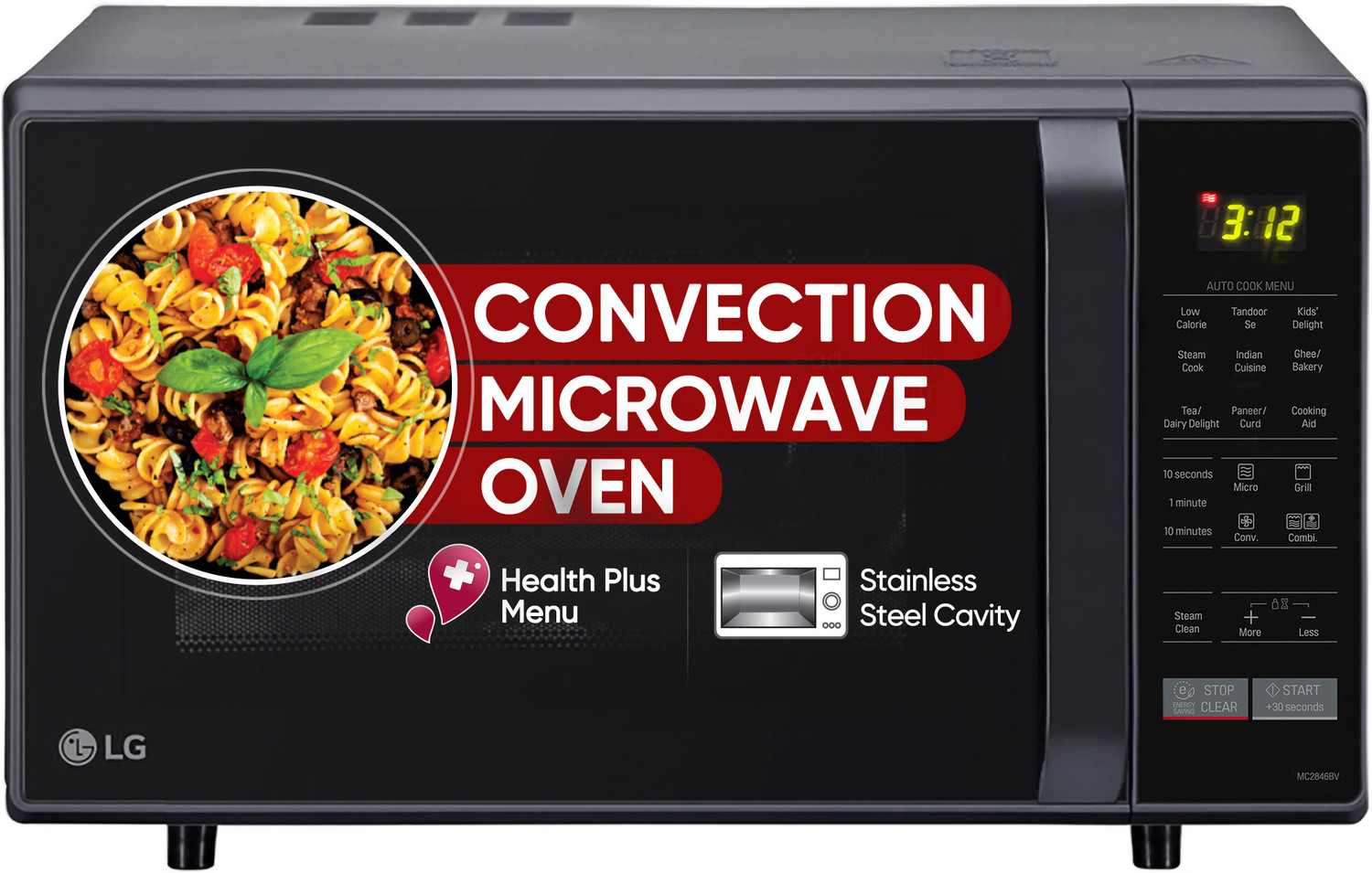 Image of LG 32 L Diet Fry and 360 Degree Motorised Rotisserie for crispy and tasty bar-be-que recipes with Wi-Fi Enabled Scan to Cook Charcoal Convection Microwave Oven (MJEN326SFW, Black)