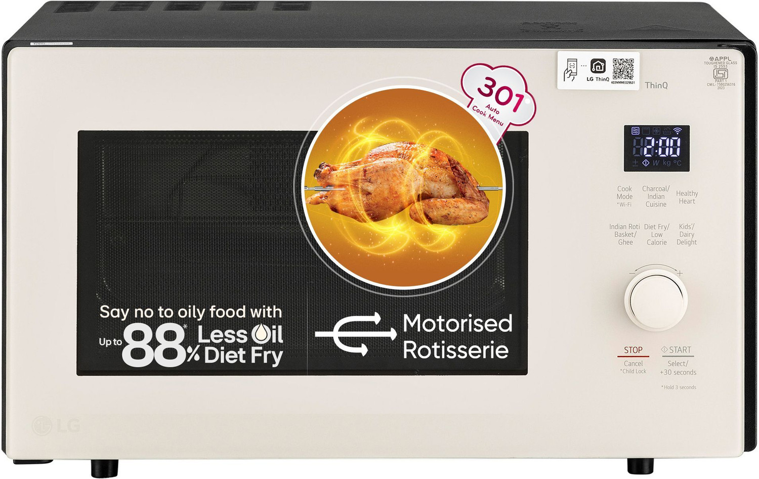 Image of LG 32 L Diet Fry and 360 Degree Motorised Rotisserie for crispy and tasty bar-be-que recipes with Wi-Fi Enabled Scan to Cook Charcoal Convection Microwave Oven (MJEN326SFW, Black)