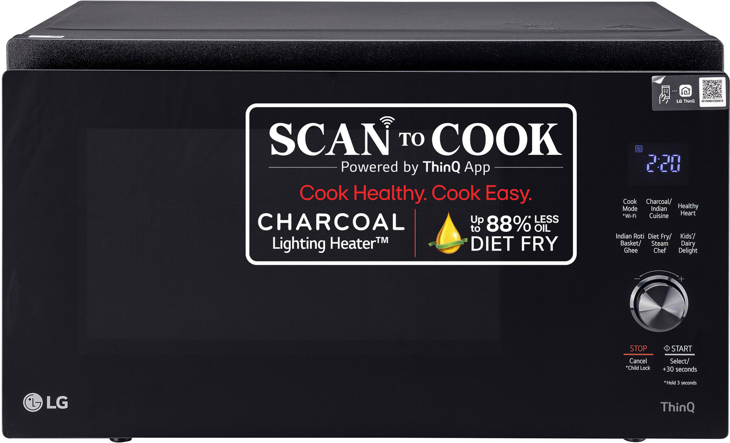 Image of LG 32 L Diet Fry and 360 Degree Motorised Rotisserie for crispy and tasty bar-be-que recipes with Wi-Fi Enabled Scan to Cook Charcoal Convection Microwave Oven (MJEN326SFW, Black)