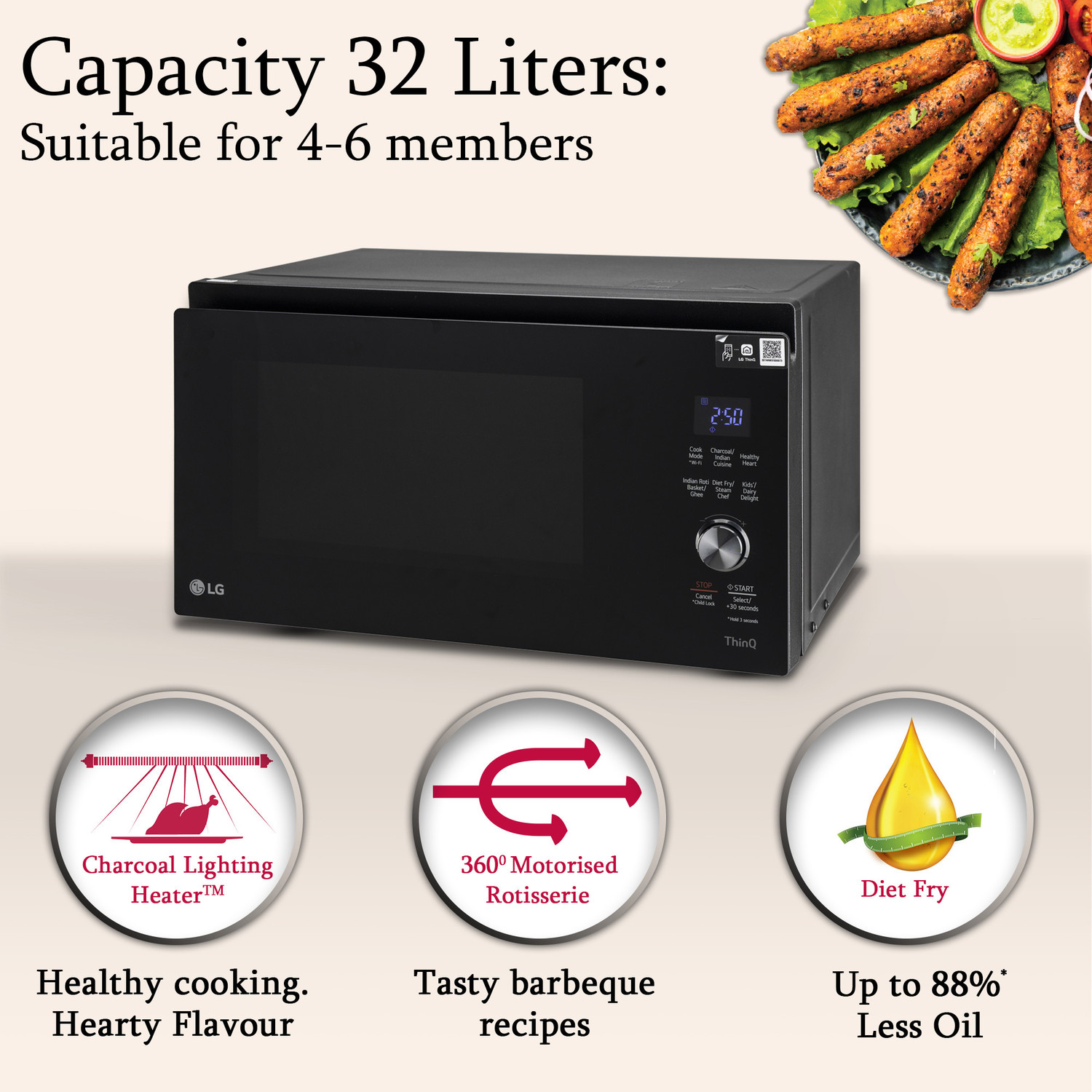 Image of LG 32 L Diet Fry and 360 Degree Motorised Rotisserie for crispy and tasty bar-be-que recipes with Wi-Fi Enabled Scan to Cook Charcoal Convection Microwave Oven (MJEN326SFW, Black)