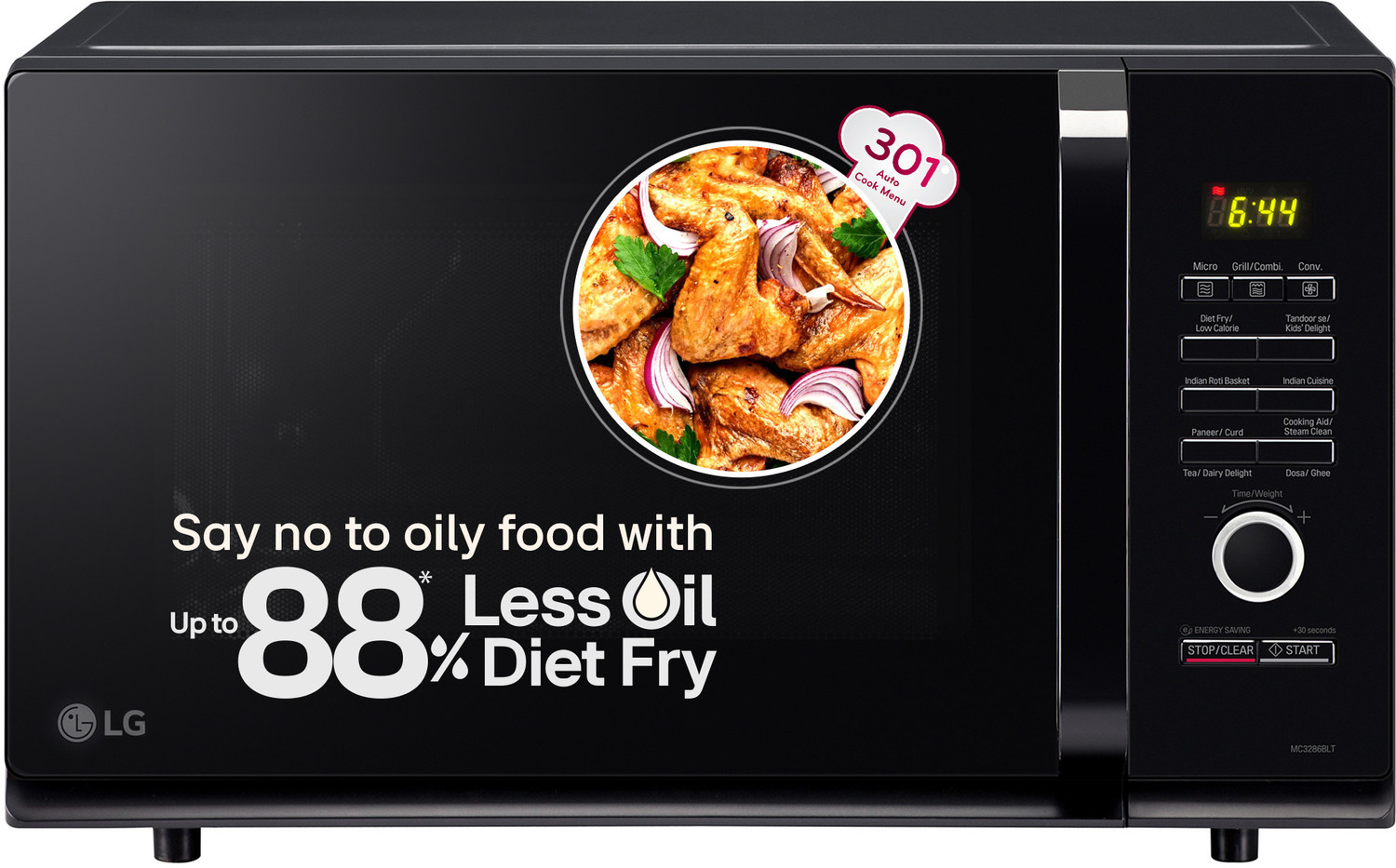 Image of LG 32 L Diet Fry and 360 Degree Motorised Rotisserie for crispy and tasty bar-be-que recipes with Wi-Fi Enabled Scan to Cook Charcoal Convection Microwave Oven (MJEN326SFW, Black)