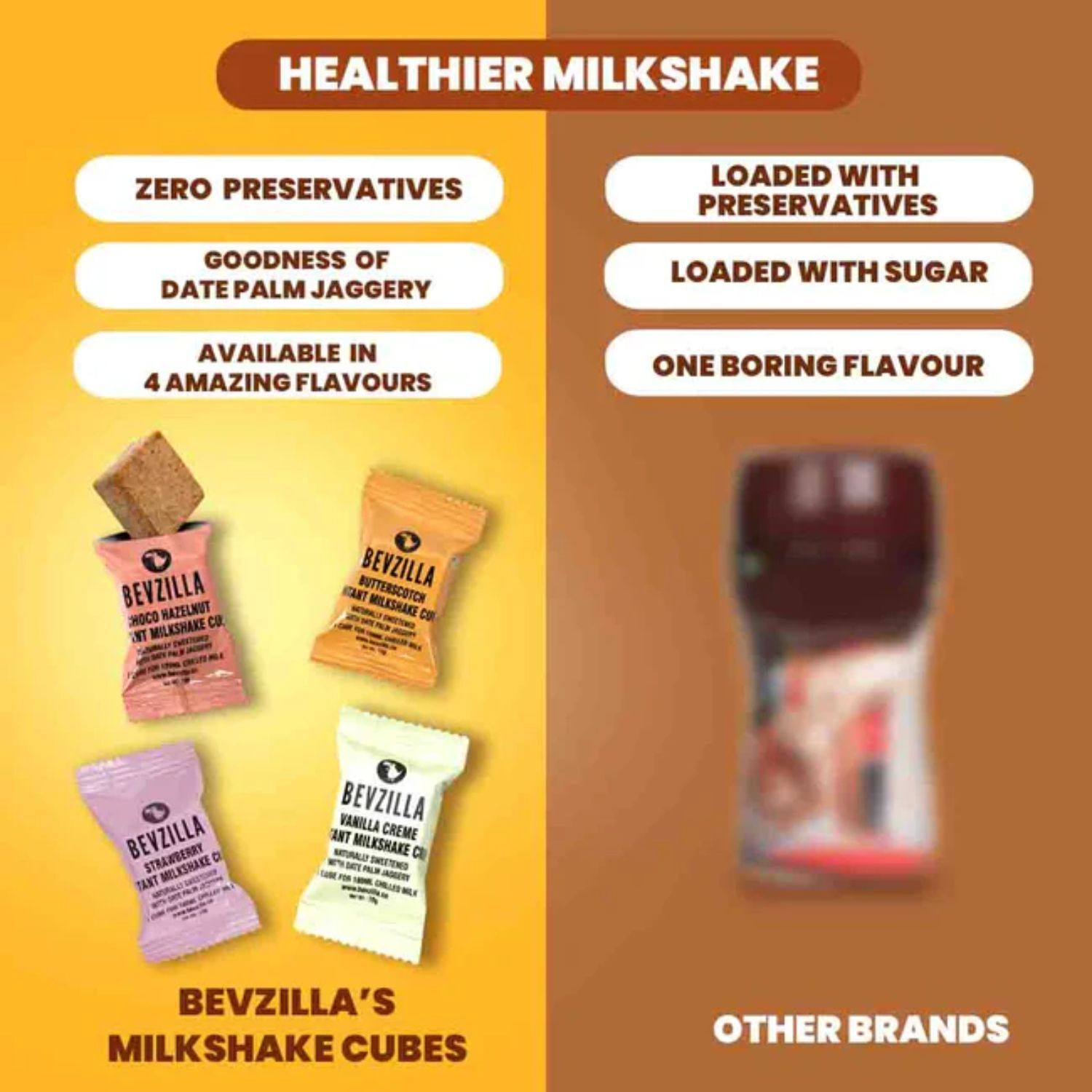 Image of Bevzilla 10 Instant Milkshake Cubes - 4 Flavours with Date Palm Jaggery (10 x 10 g)
