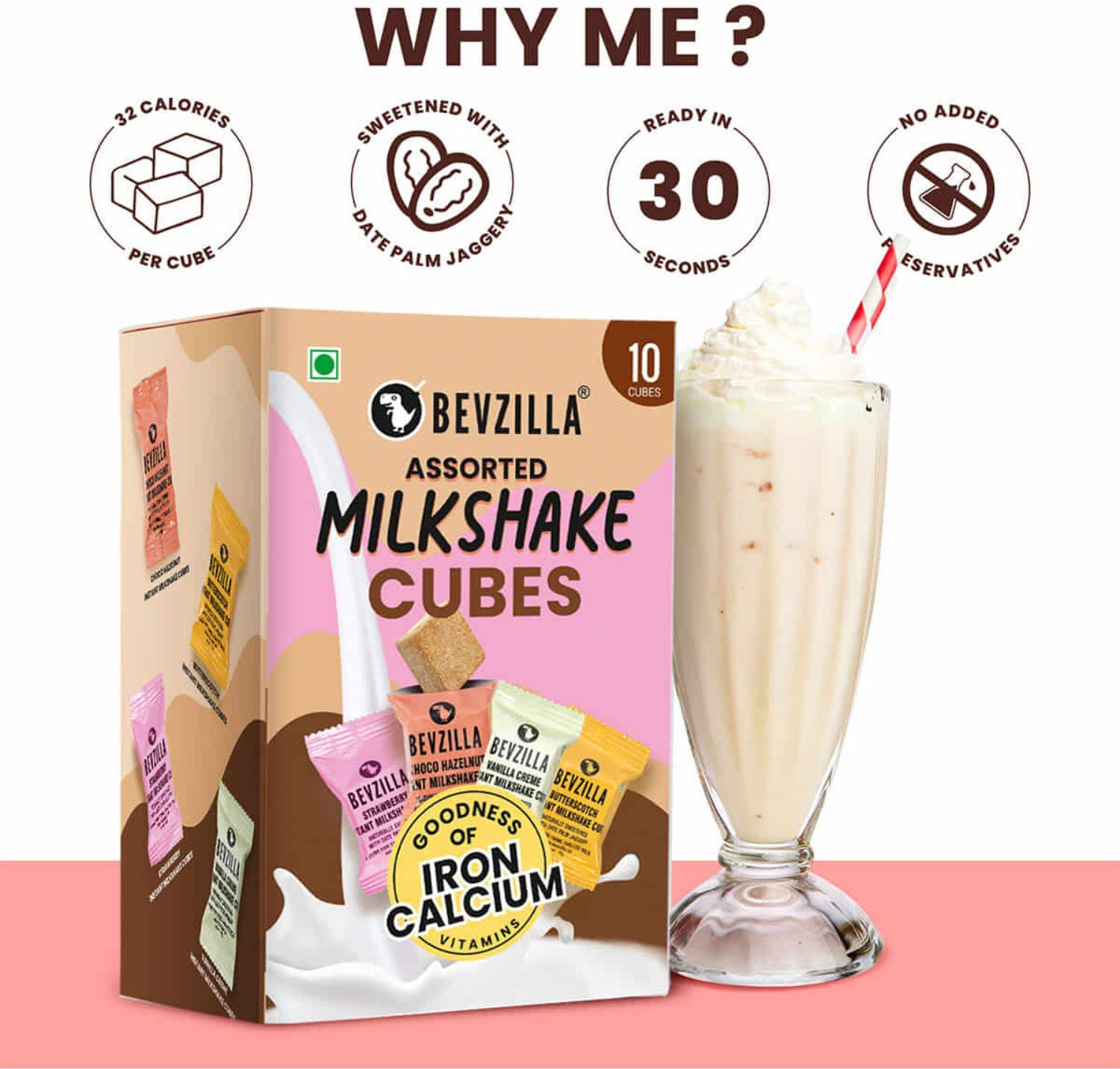 Image of Bevzilla 10 Instant Milkshake Cubes - 4 Flavours with Date Palm Jaggery (10 x 10 g)