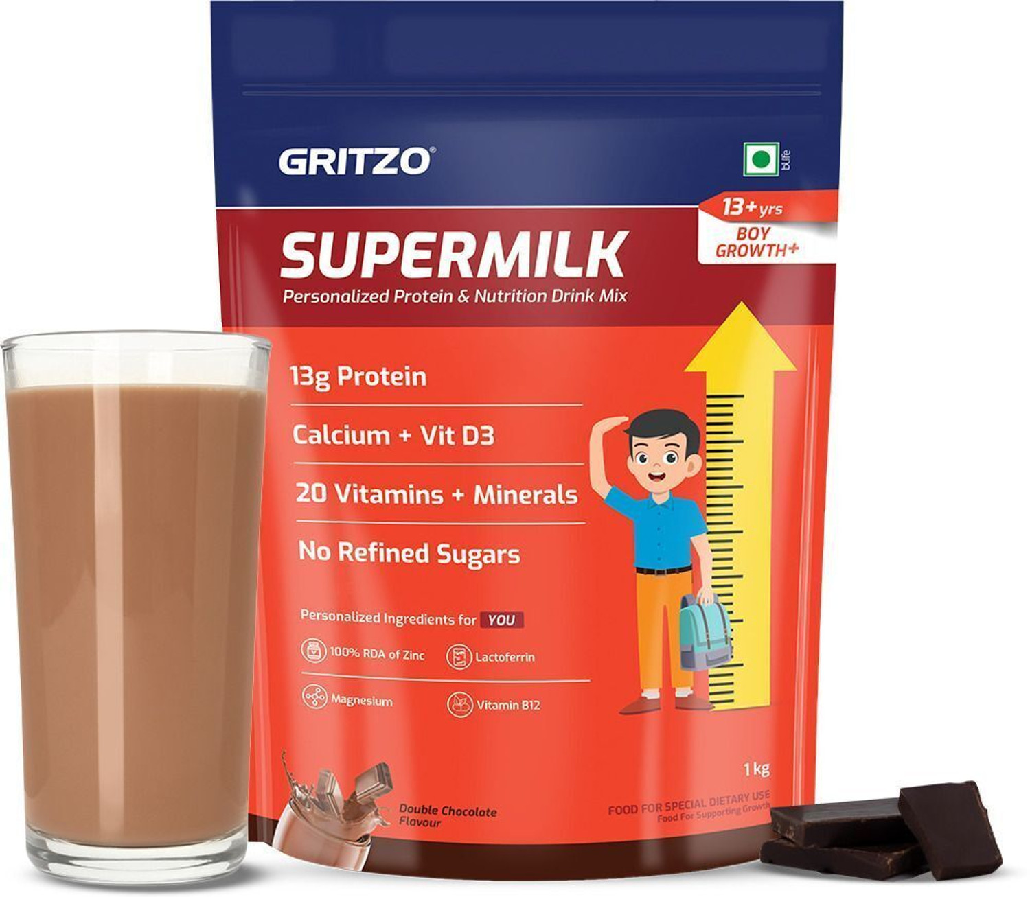 Gritzo SuperMilk Growth+ 13g Protein Powder, Double Chocolate - Image 1