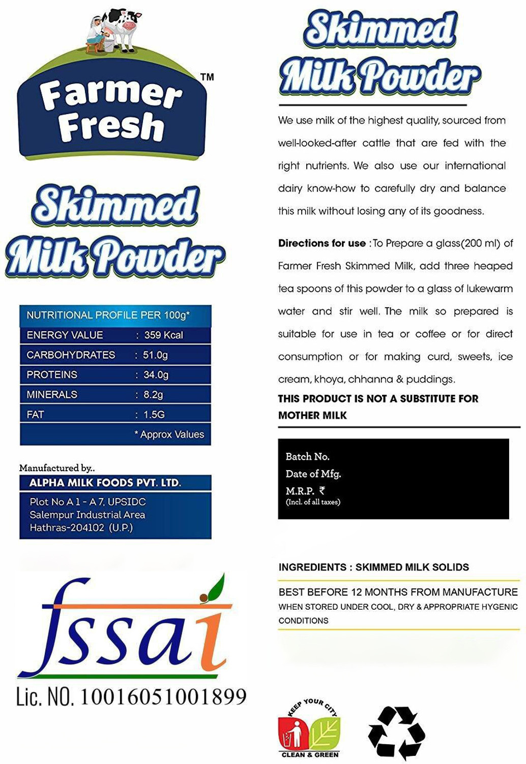 Image of Farmer Fresh Skimmed 1 KG Skimmed Milk Powder (1 kg)