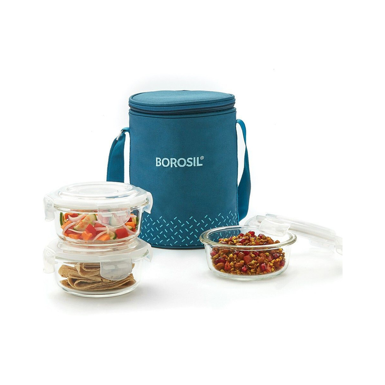 BOROSIL Teal Lunch Box with Bag, 3 Pc (400 ml x 3 Round), Glass Office Tiifin 3 Containers Glass Office Lunch Box