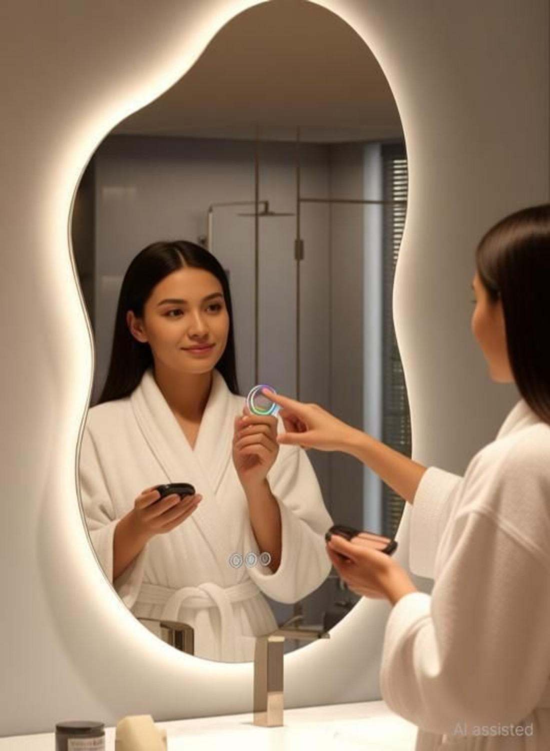Image of AruzeTech IRREGULAR MIRROR WITH THREE COLOR LED LIGHTS AND TOUCH SENSORS 21 inchX16 inch FB1 Bathroom Mirror (Semi Curved)
