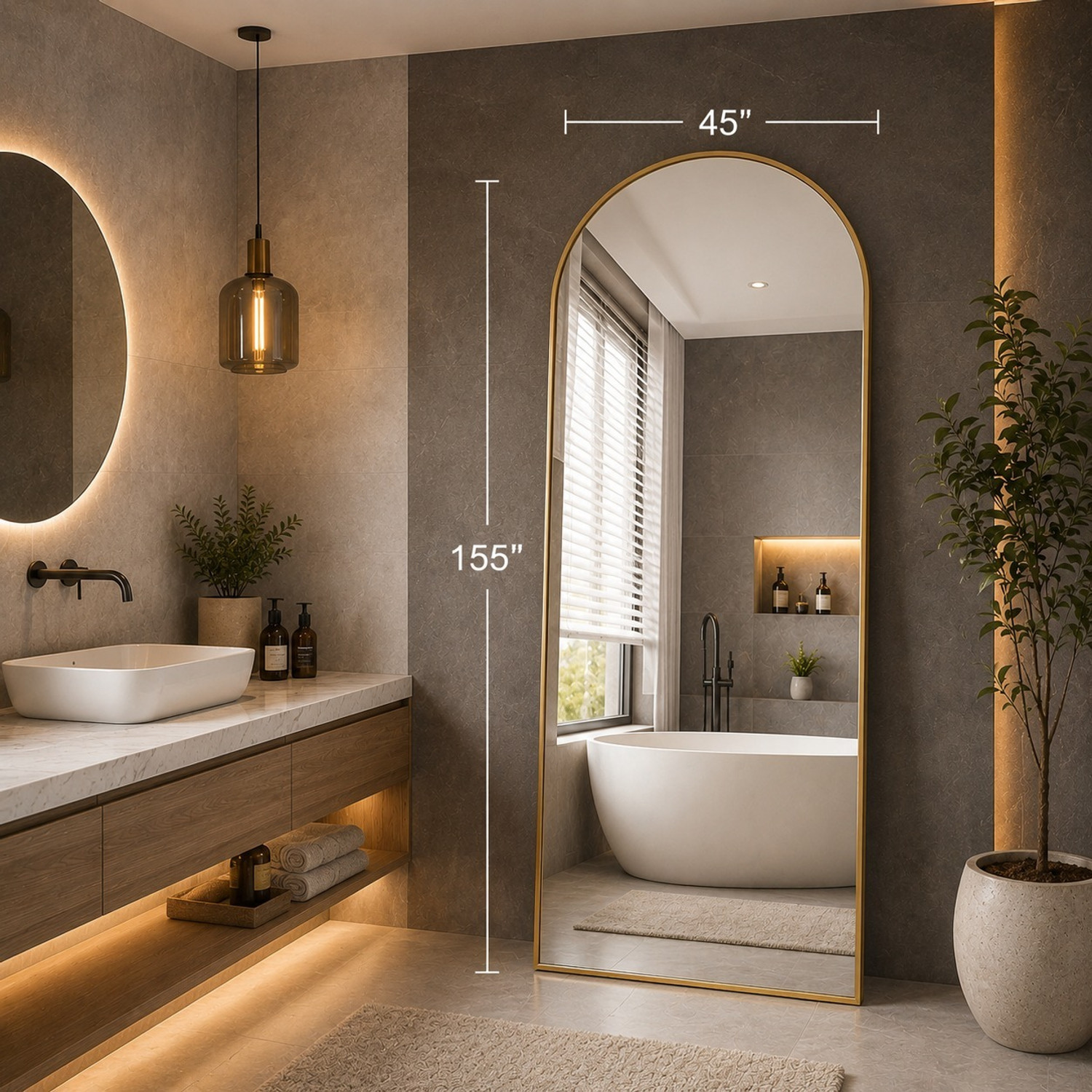 Image of LUPPRA Arched Full Length Mirror - GOLD Frame (155 x 45 cm) Bathroom Mirror (Semi Curved Finish : Glossy Gold)