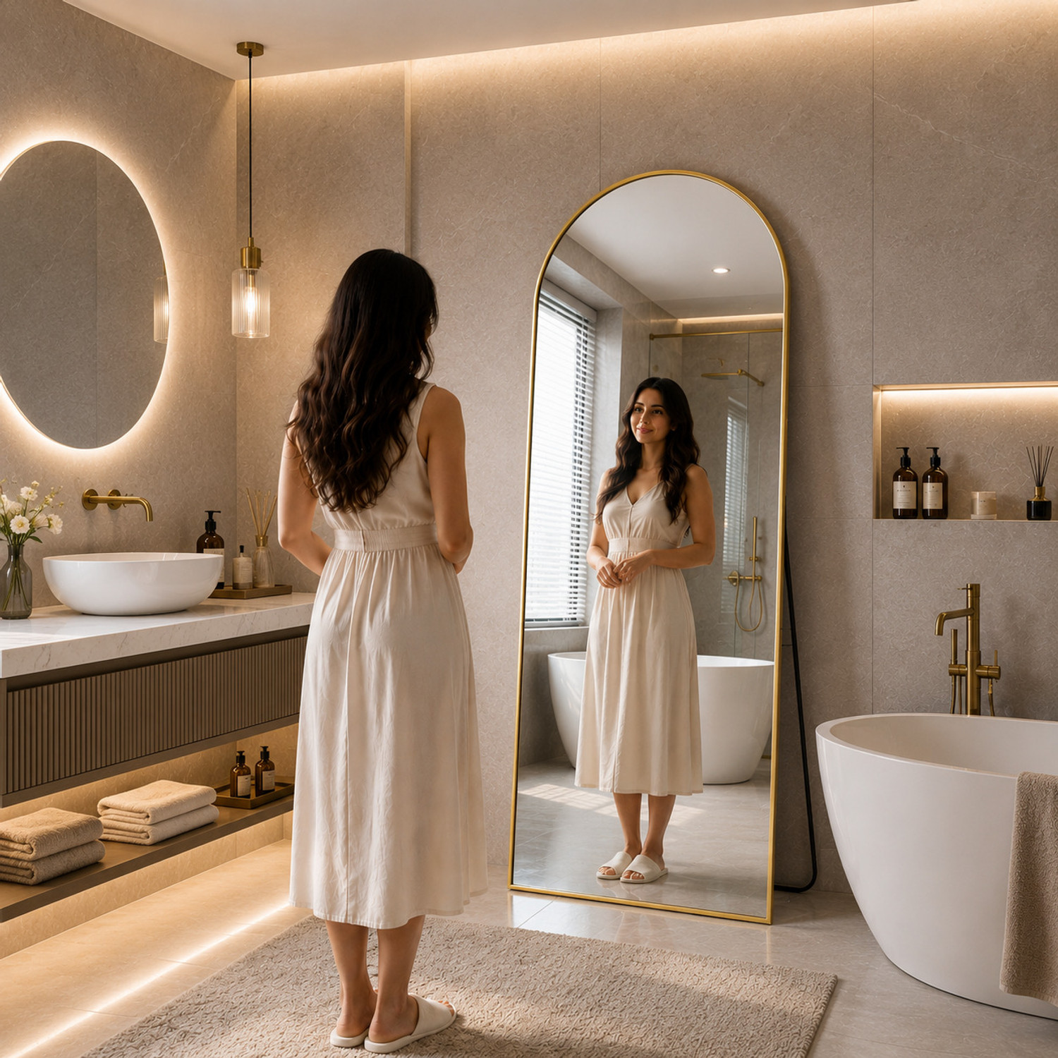 Image of LUPPRA Arched Full Length Mirror - GOLD Frame (155 x 45 cm) Bathroom Mirror (Semi Curved Finish : Glossy Gold)