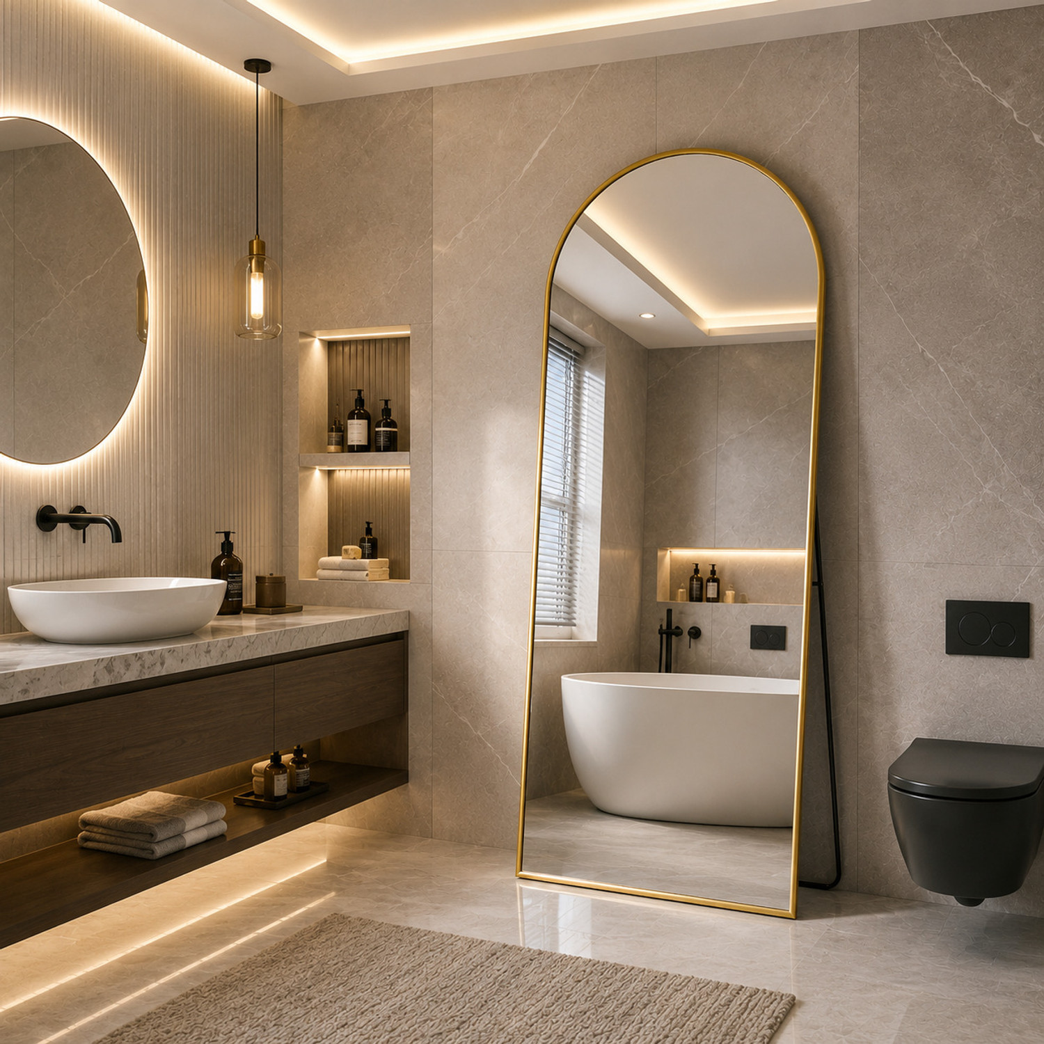 Image of LUPPRA Arched Full Length Mirror - GOLD Frame (155 x 45 cm) Bathroom Mirror (Semi Curved Finish : Glossy Gold)