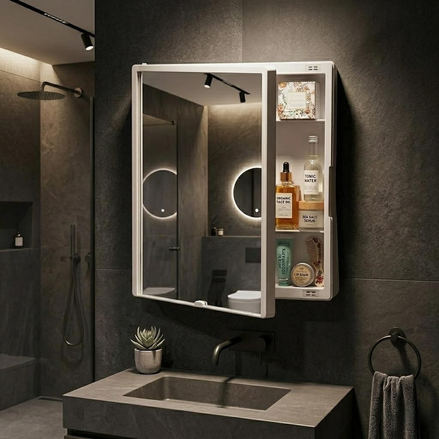 Image of Stovara Square Bathroom Cabinet with Mirror & 360 Rotating Wall Mounted Storage Plastic Wall Shelf (Number of Shelves - 3, Beige)