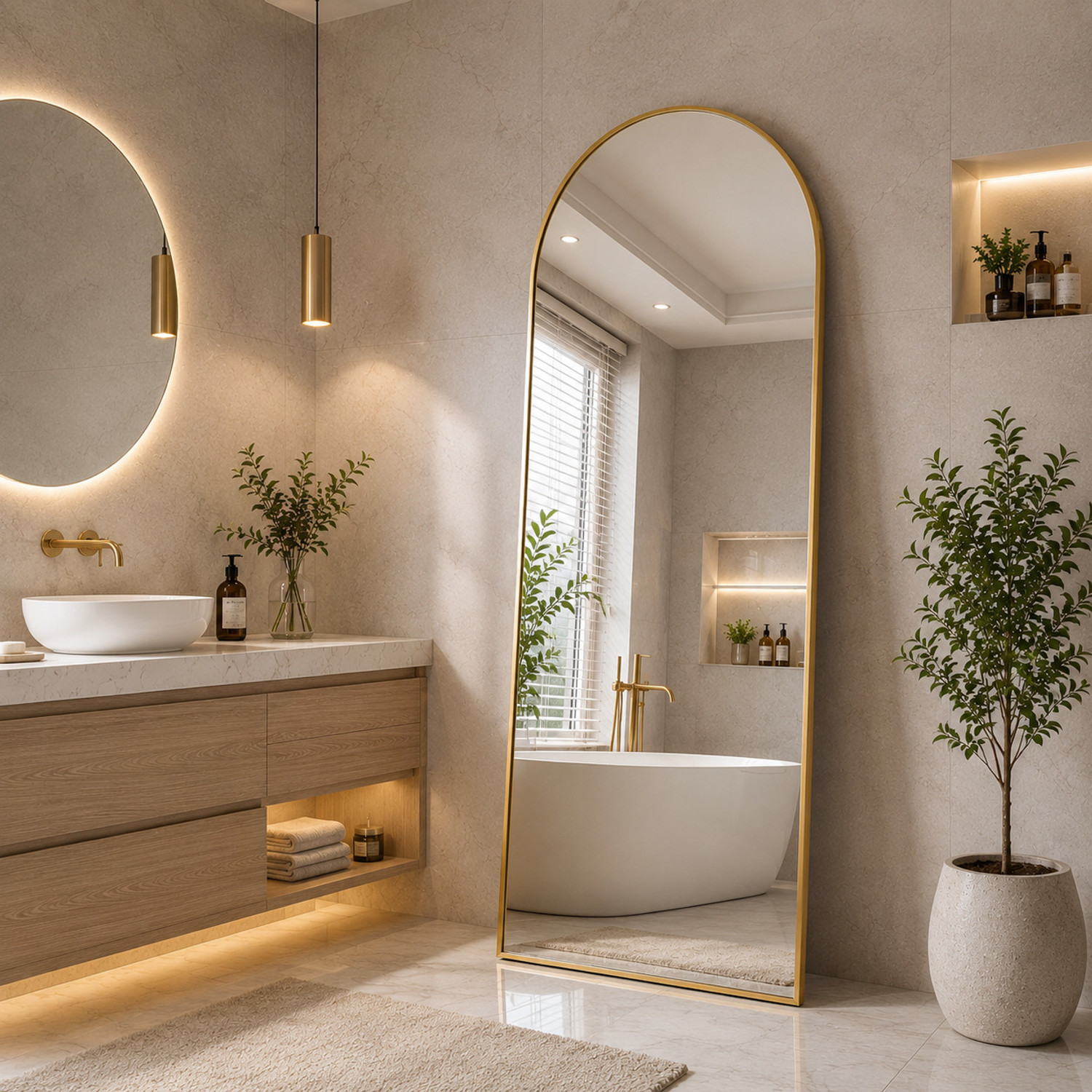 Image of LUPPRA Arched Full Length Mirror - GOLD Frame (155 x 45 cm) Bathroom Mirror (Semi Curved Finish : Glossy Gold)