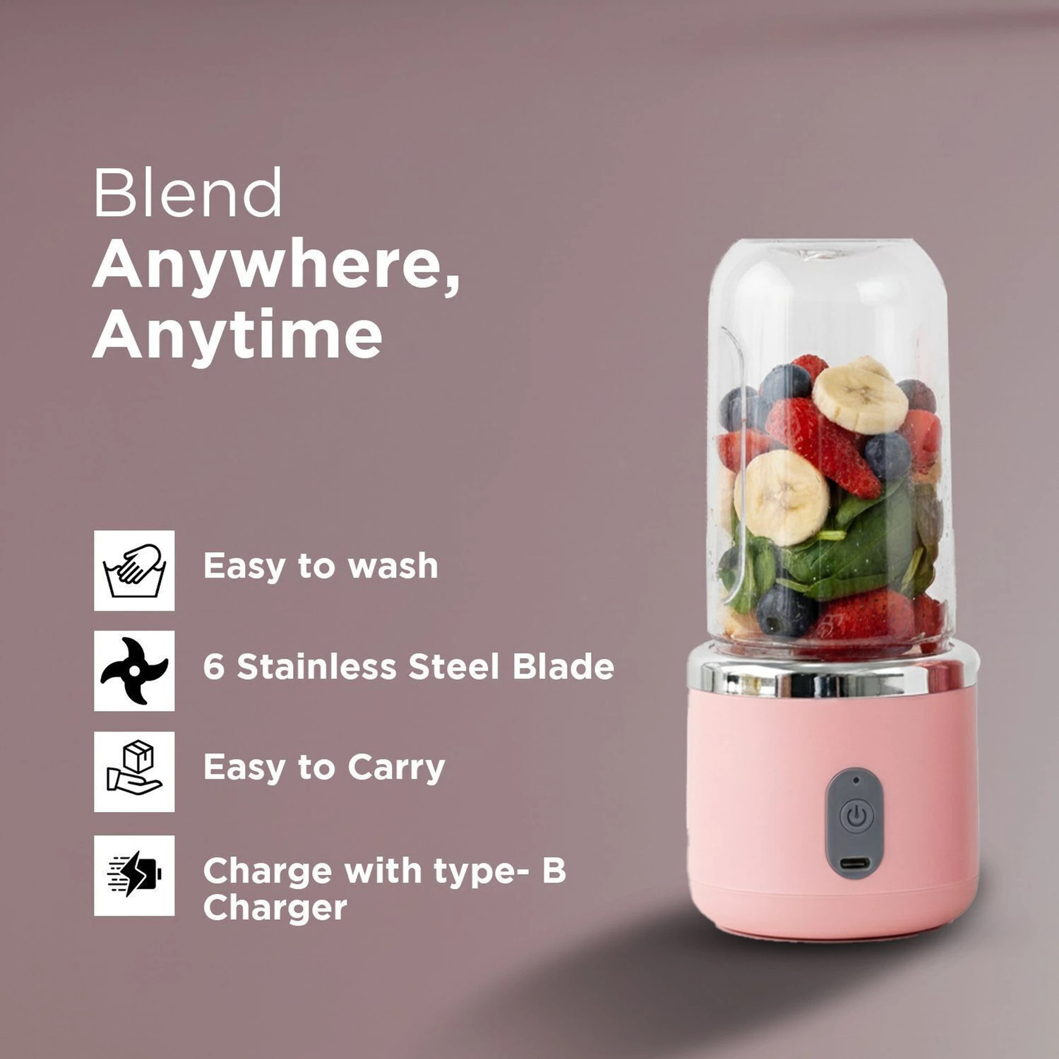 Image of ZENOVIA Portable Juicer Blender, Rechargeable, Grinder for Fruits & Shakes,6 Blade 40 W Juicer Mixer Grinder (Portable Juicer Blender,Rechargeable,Grinder for Fruits & Shakes,6 Blade 40W | 2 Jars | Pink)