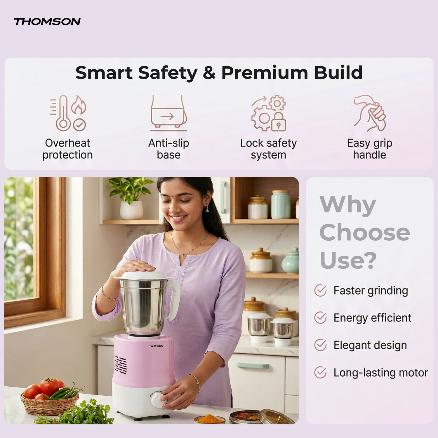 Image of Thomson FreshMix 500 W Mixer Grinder (FreshMix | 4 Jars | Pearl White, Lavender Pink)