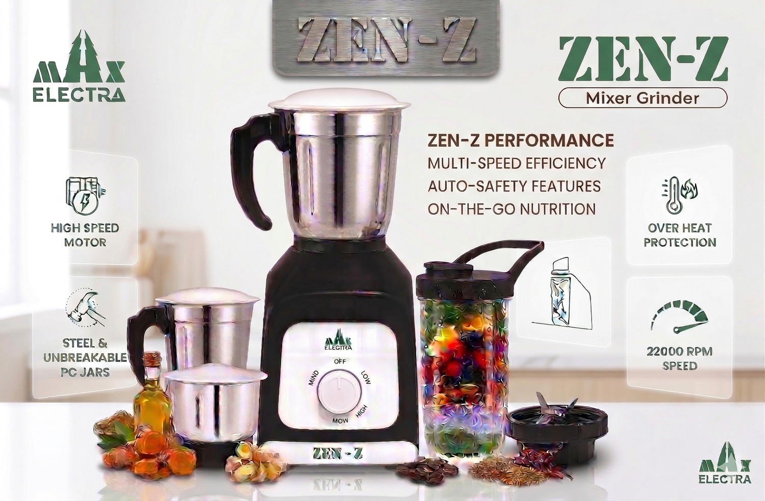 Image of MAX ELECTRA ZEN-Z17 500 W Juicer Mixer Grinder (ZEN-Z-75017 | 3 Jars | Black)