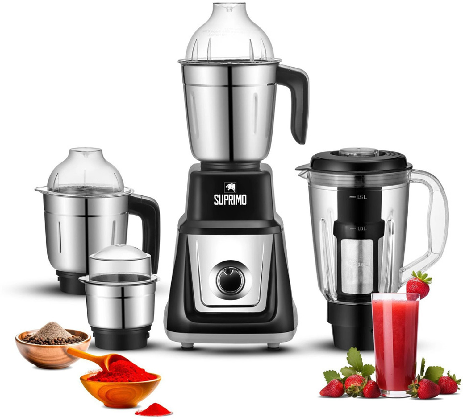Image of Moonstruck Kuro 2 Jar Set 700 W Juicer Mixer Grinder (HeatShield Motor with LiveView Chutney for Daily Cooking | 2 Jars | Black)