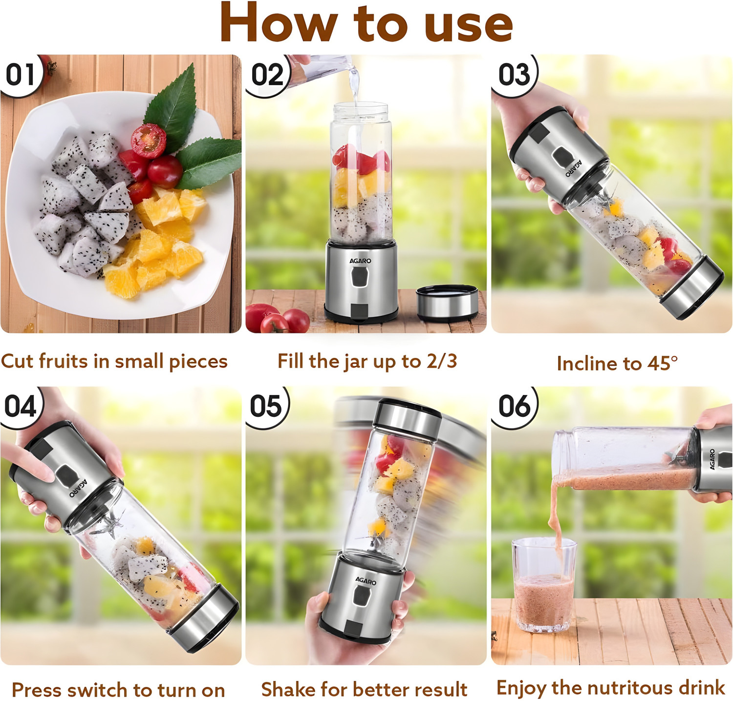 Image of AGARO Galaxy Portable Blender for Smoothie & Milk Shakes, 450ml, Type C Rechargeable 150 W Juicer (Mini Hand Blender | 1 Jar | Grey)
